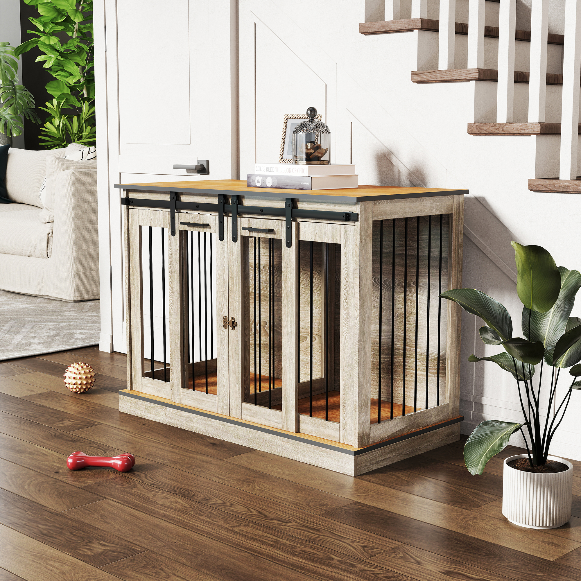 Hundekäfig mit 2 Türen, Hundebox, Transportbox für Hunde, rustikales Design, verriegelbar, Braun