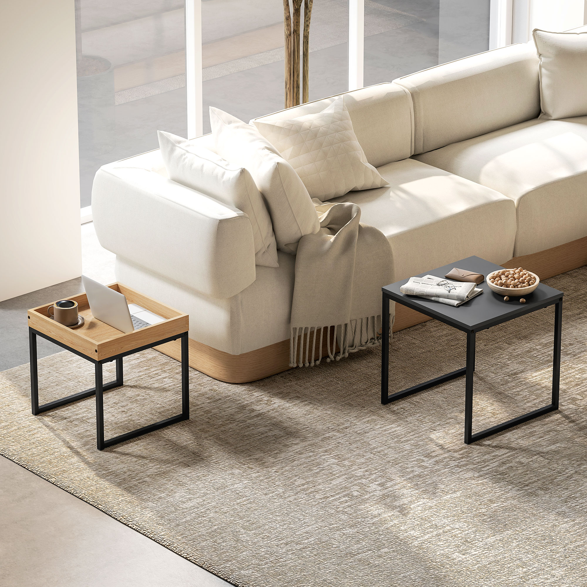 moderner Couchtisch, 2er-Set Sofatisch, für kleine Räume, Quadratisch, MDF, Metall, Schwarz