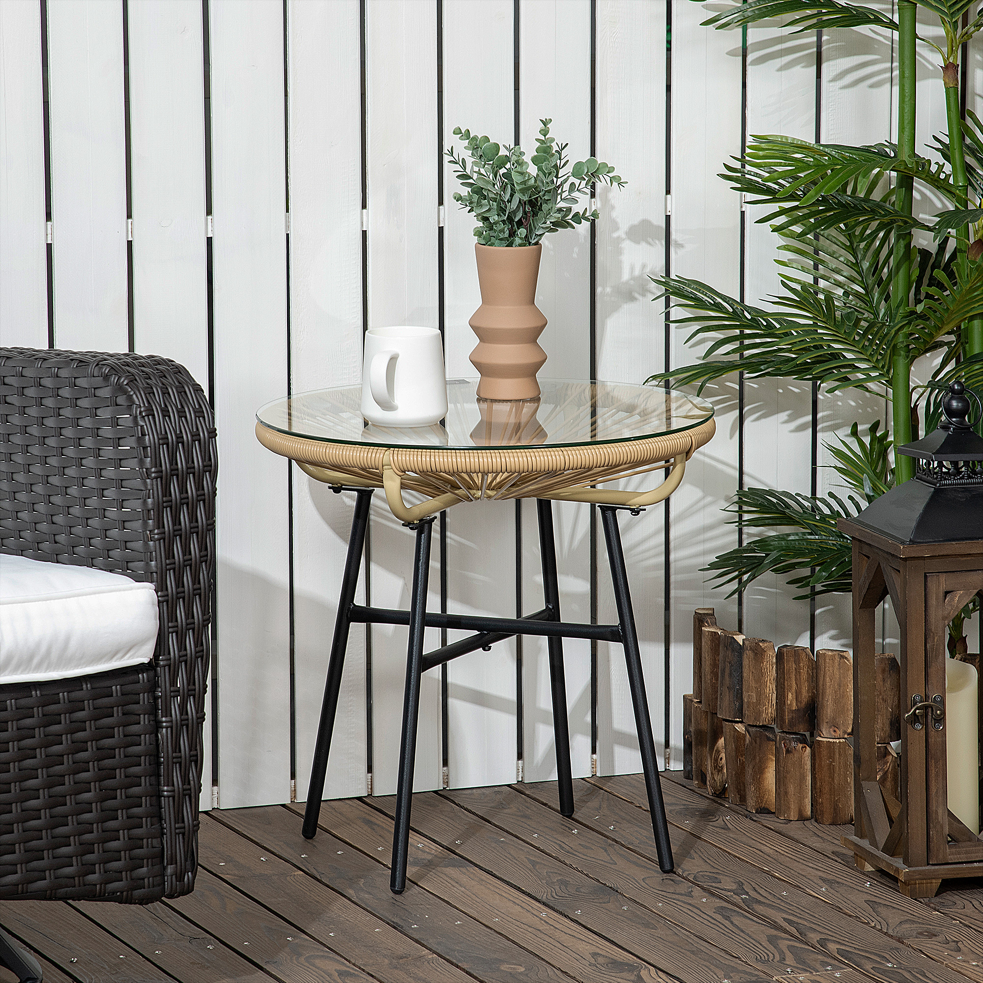 Gartentisch im Boho-Stil, PE-Rattan, gehärtetes Glas, wetterbeständig, 50 cm x 50 cm x 50 cm, Beige