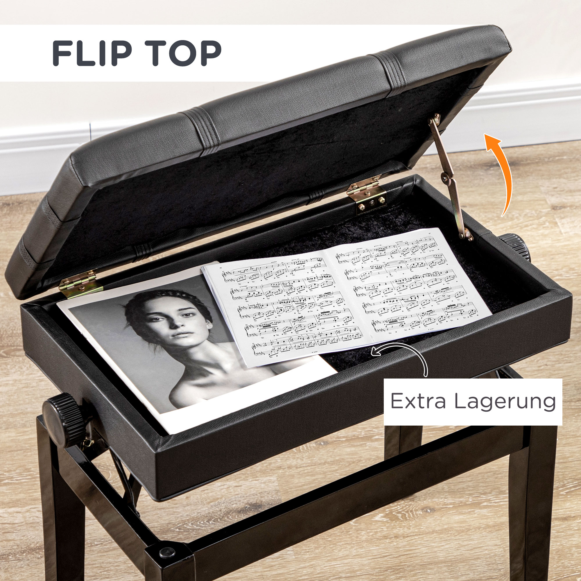 Klavierbank mit versteckten Stauraum, Sitzhocker, höhenverstellbar, Kunstleder, Schwarz
