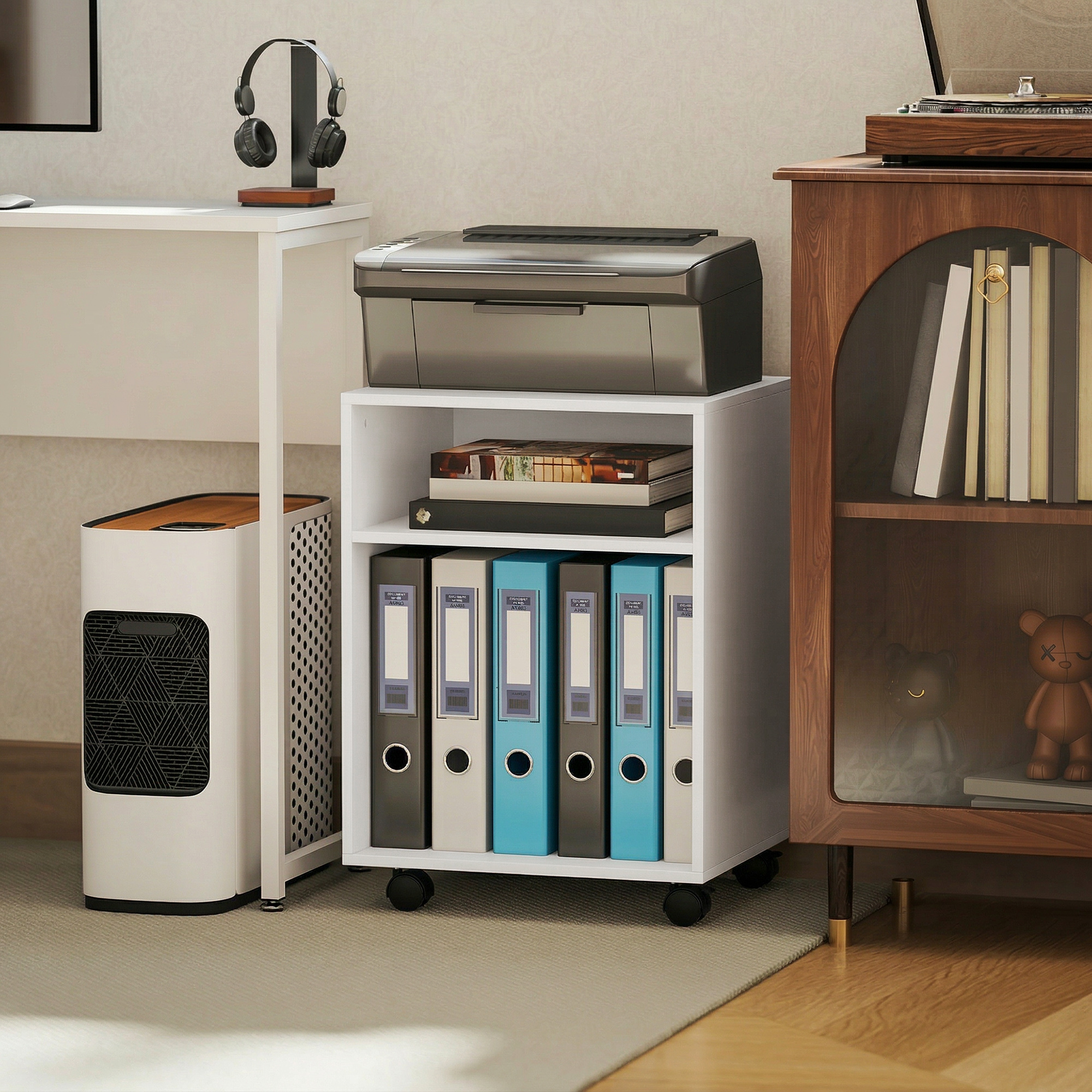 Druckerständer Druckertisch mit 2 offenem Regal feststellbaren Rollen für Büro Zuhause Fax Scanner 40 x 35 x 56 cm Weiß