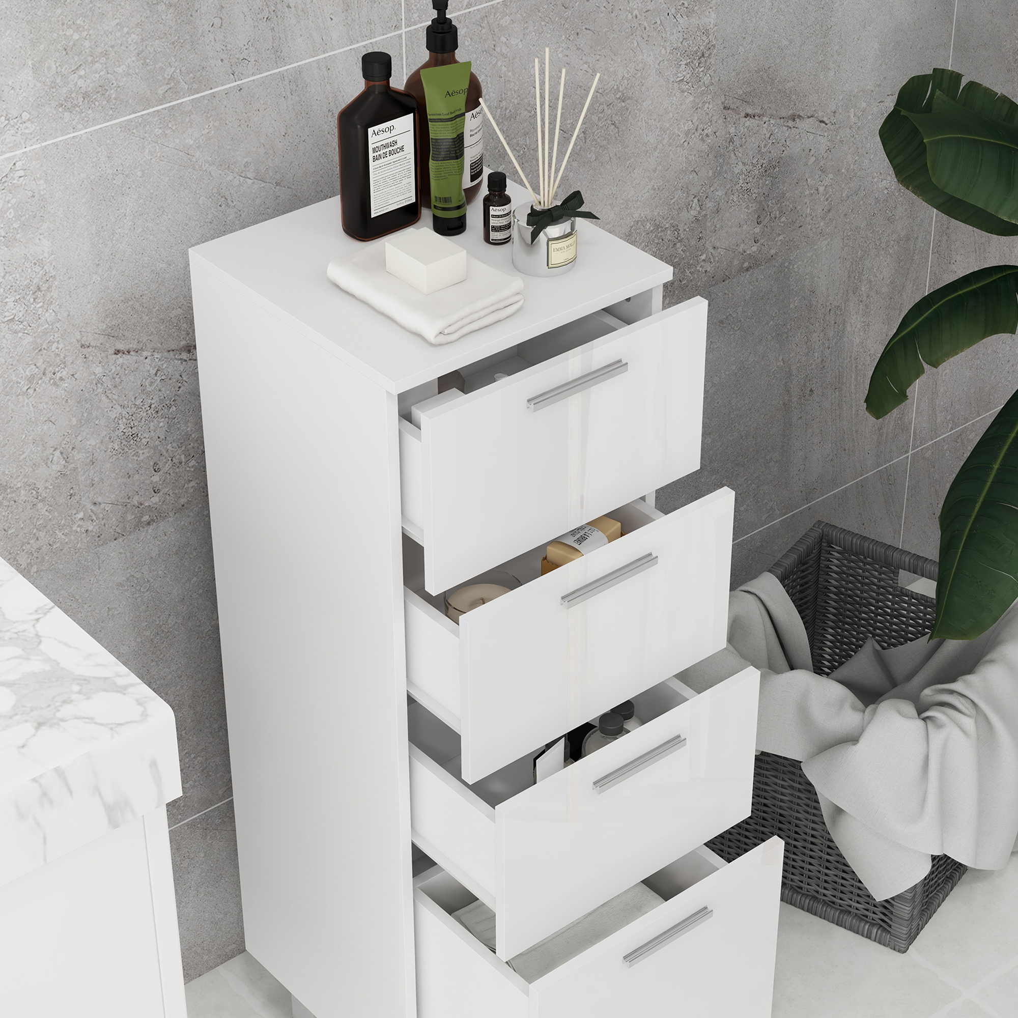 Badezimmerschrank, Badschrank, 4 Schubladen, Spanplatte, glatt, Weiß