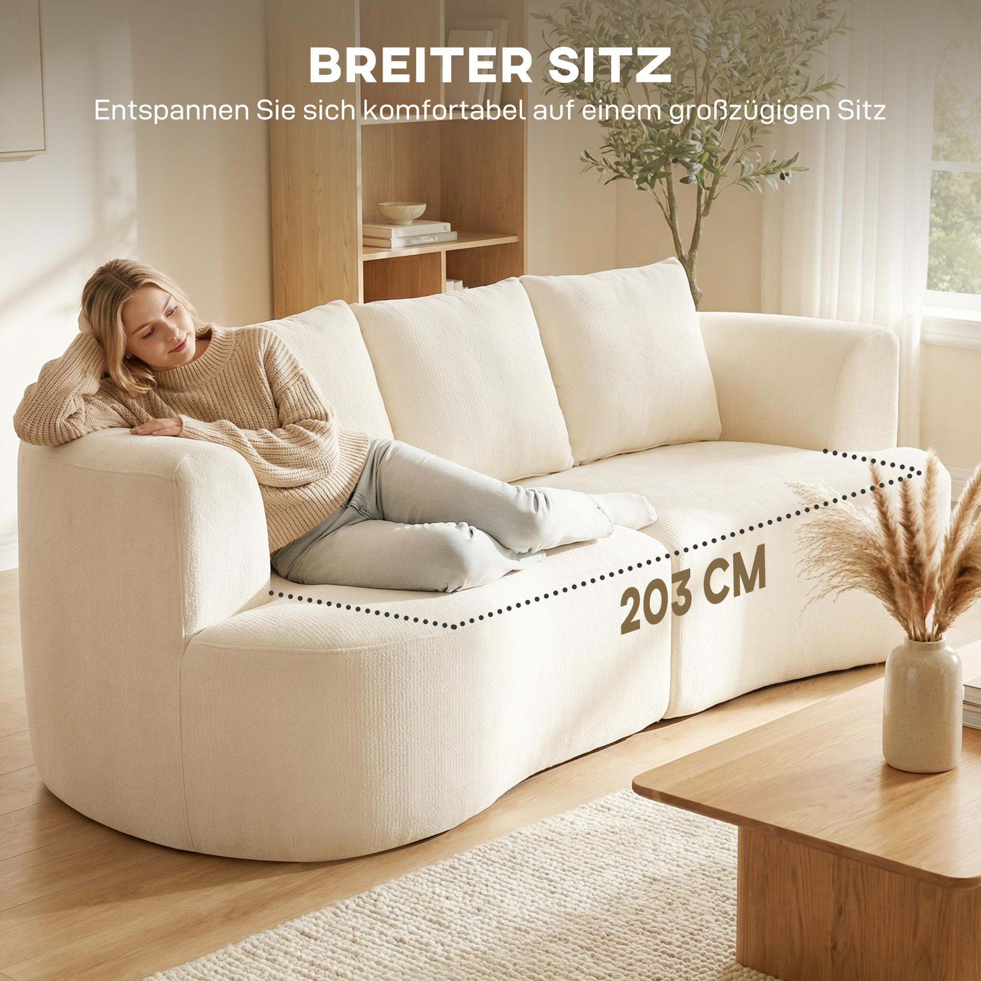 3-Sitzer-Sofa, 260 cm Chenille-Sofa mit breiter Sitzfläche, Federkernpolsterung, hochdichtem Schaumstoff, 3 Kissen, cremeweiß