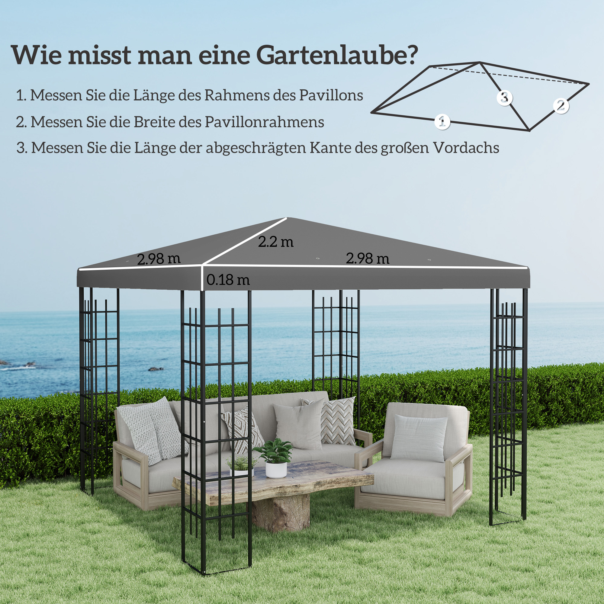 3 x 3 m Ersatzplane für Pavillon, Plane für Garten-Pavillon, mit Wasserablauföffnungen, UPF30+, Dunkelgrau