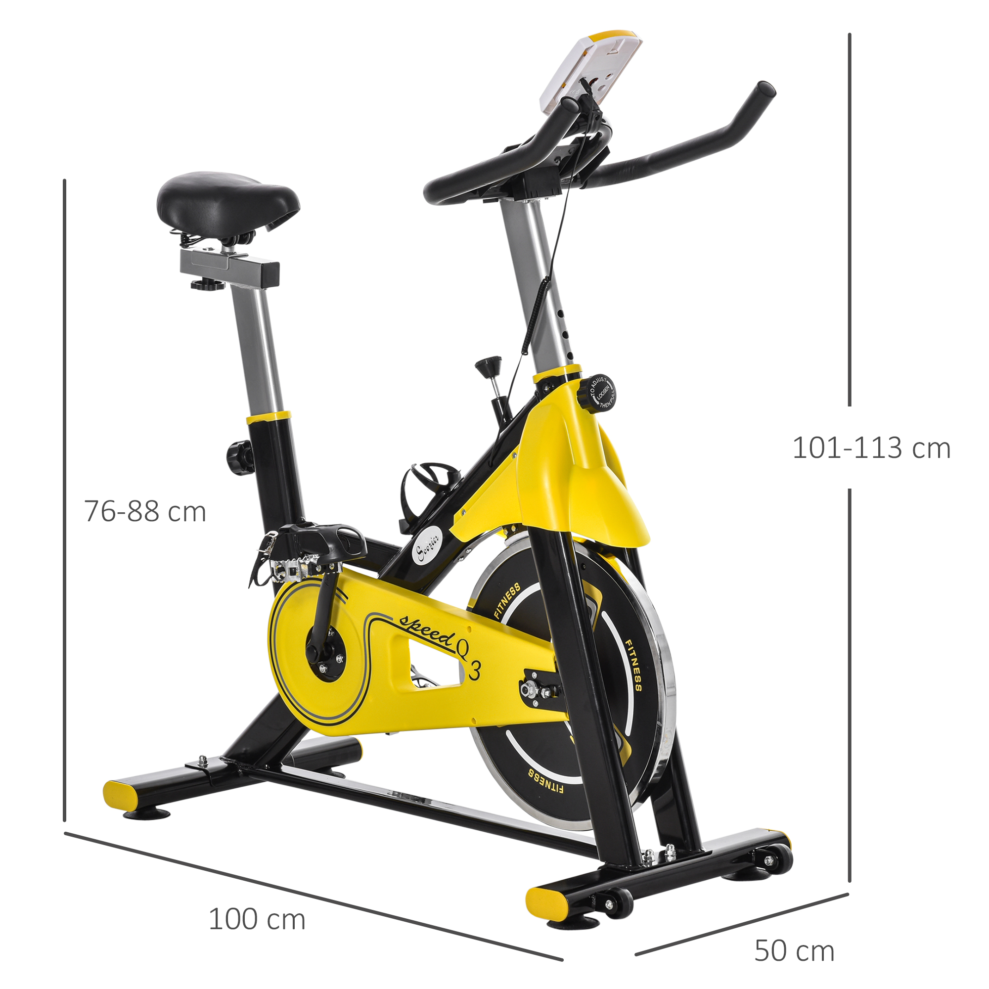 Fahrradtrainer höhenverstellbarer Heimtrainer Fitnessfahrrad Rollentrainer mit Riemenantrieb LCD-Display Stahl ABS Gelb+Schwarz+Grau 45,5 x 100 x 101-113 cm