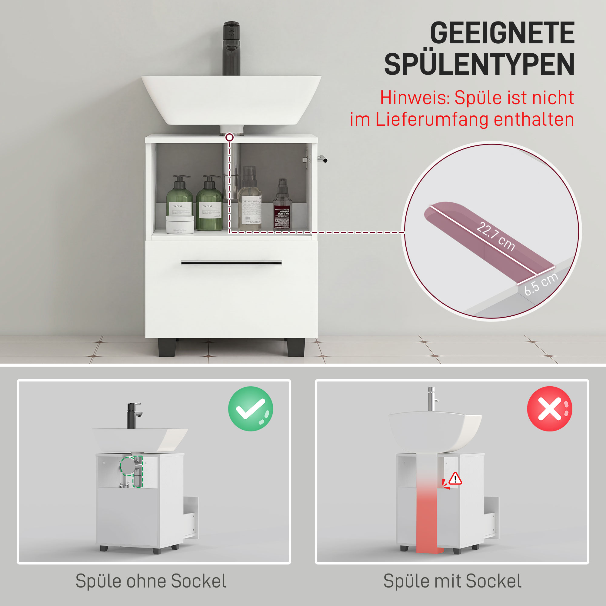 Badezimmerschrank, Waschbecken-Kommode mit Schublade, kompakt, Spanplatte, Weiß