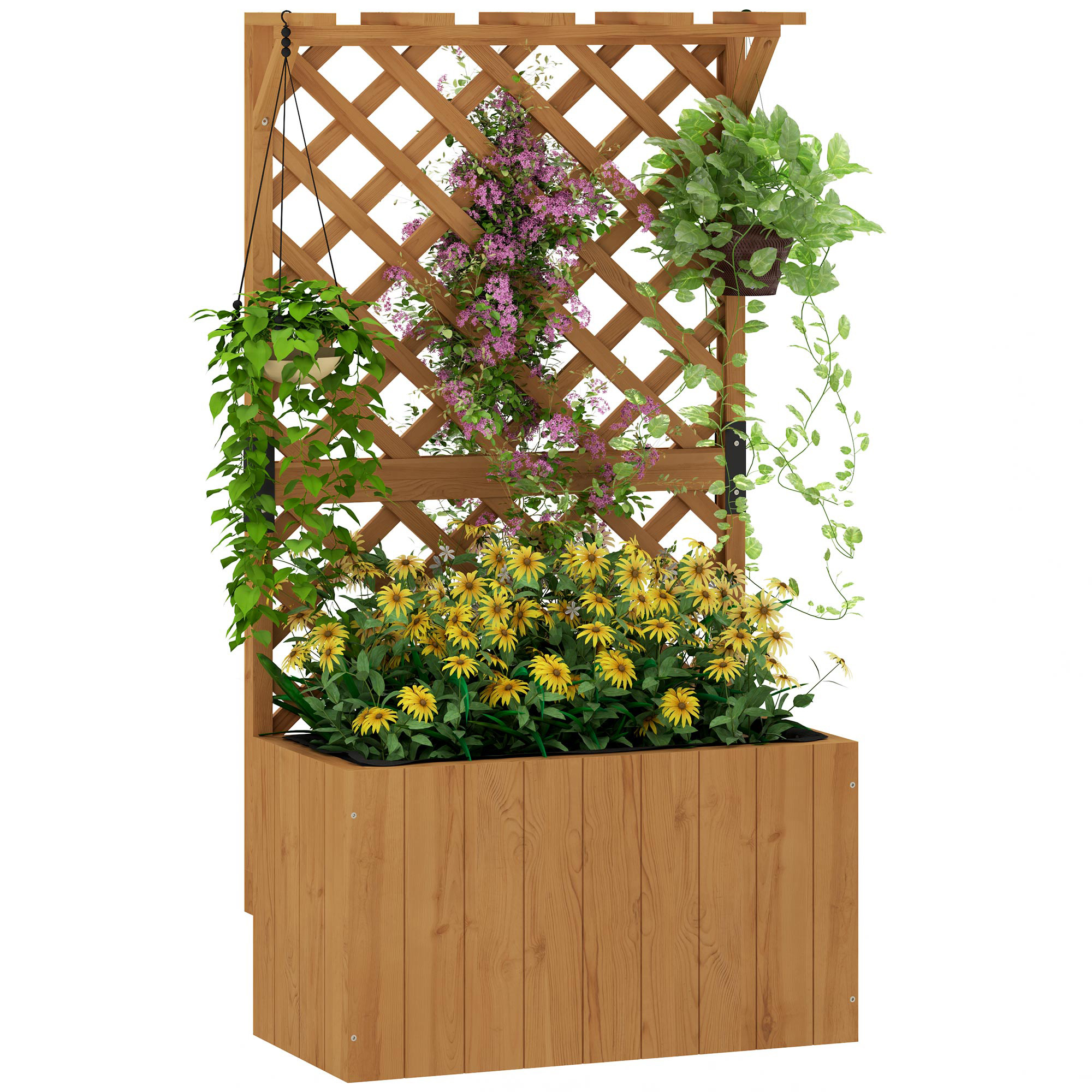 Hochbeet Pflanzkasten mit Rankgitter, Spalier Pflanzkübel Blumenkasten Holz, Gartenspalier 64 x 33 x 122cm Naturholz
