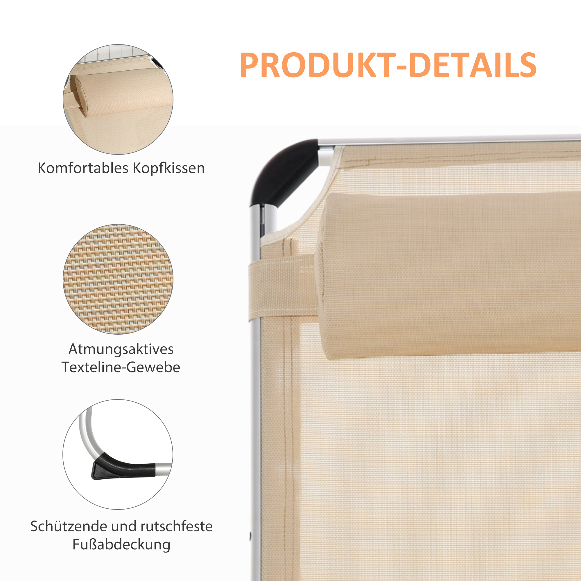 Sonnenliege faltbar Gartenliege mit Kopfkissen ergonomisch Relaxliege mit 4-stufig verstellbaren Rückenlehne Alu bis 120 kg belastbar für Garten, Terrasse, Pool, , Strand,Beige