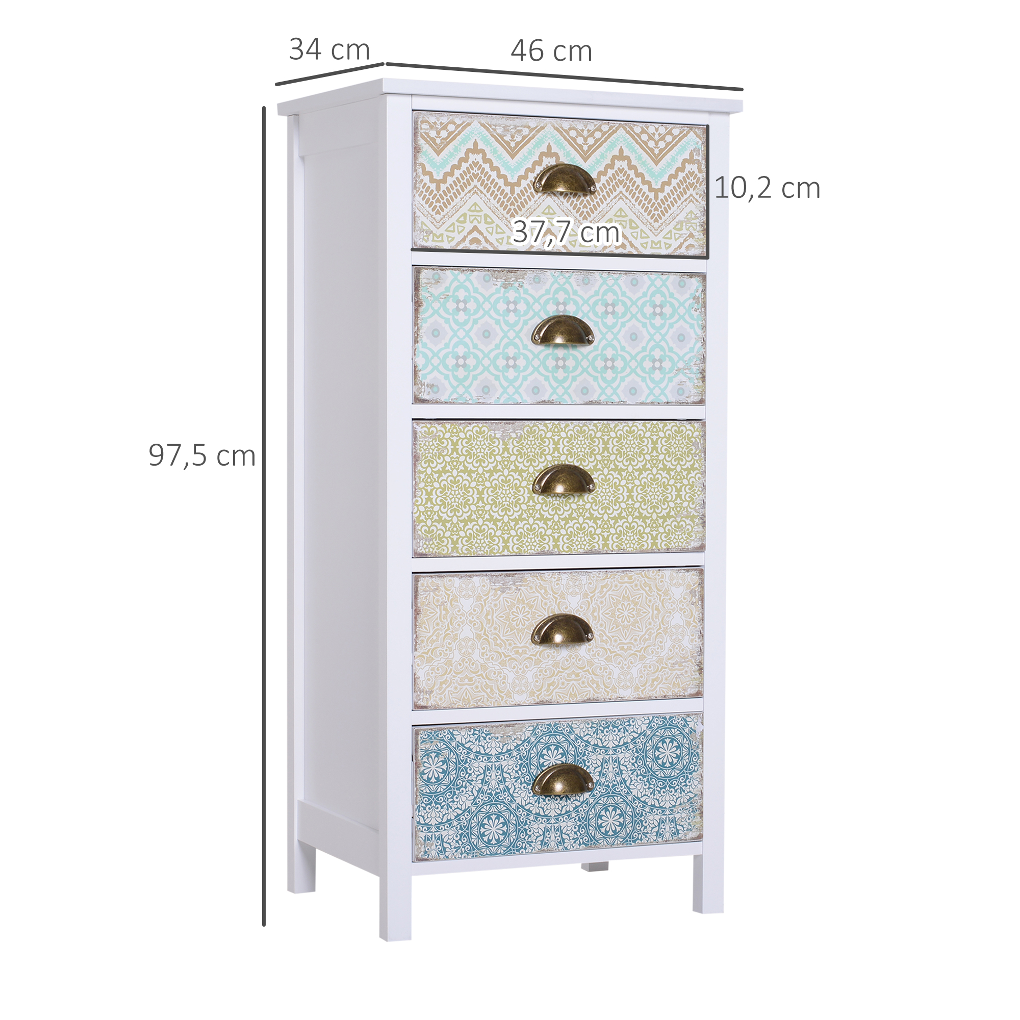Kommode Schubladenkommode Siedeboard, Modern-Design, 5 Schubladen, 46 cm x 34 cm x 97,5 cm, Bunt