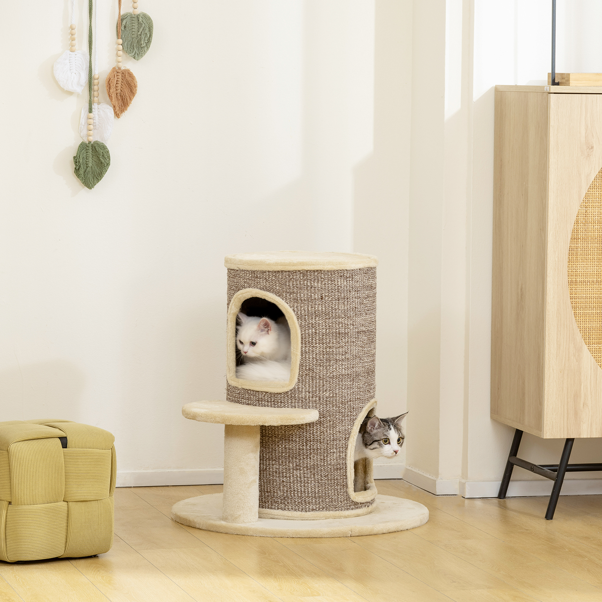 Katzenfass, Kratzbaum mit 2 Ebenen, Sprungplattform, Aussichtspunkt, Kratzmatte, zum Ausruhen und Spielen, Beige