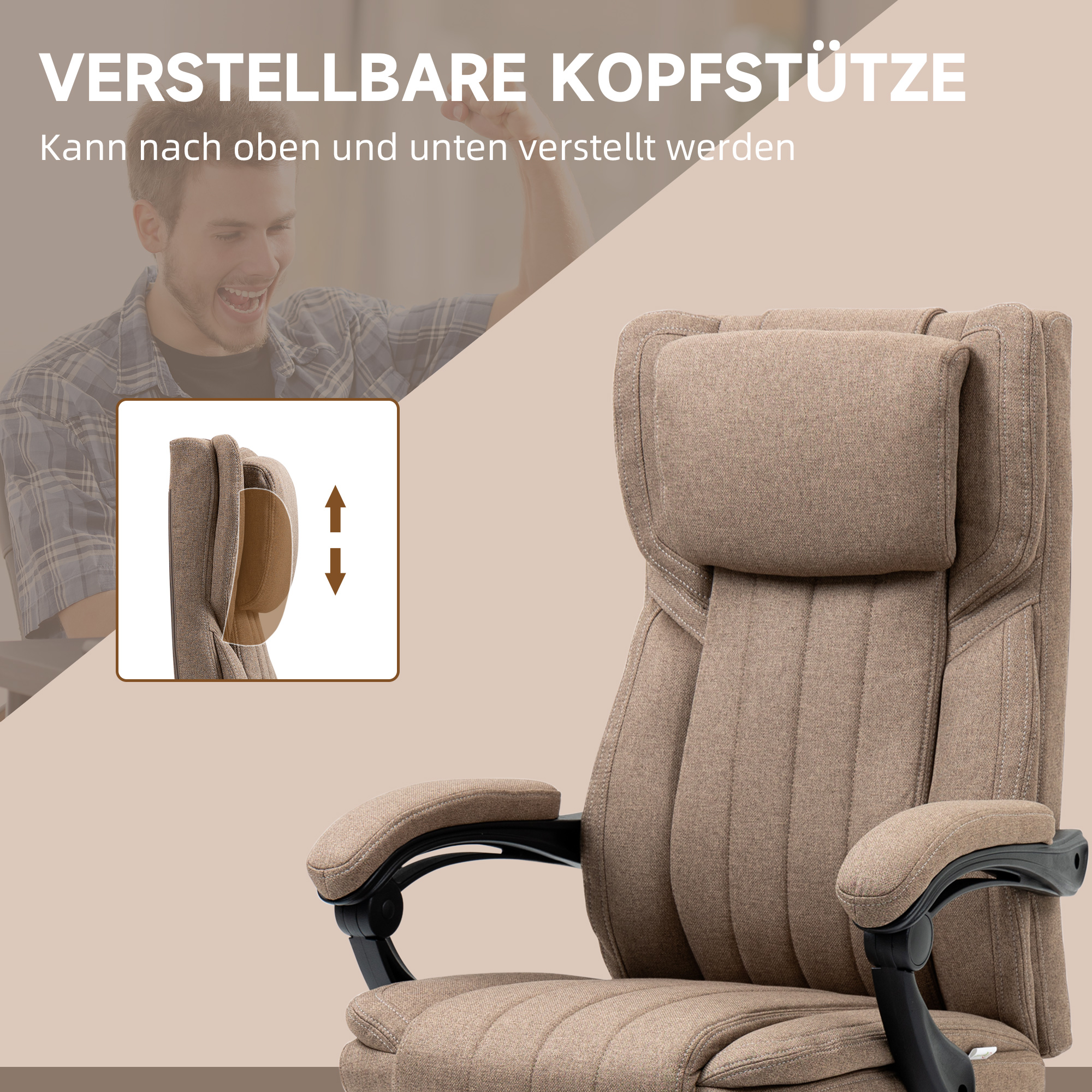 Bürostuhl mit Massagefunktion, neigbare Rücklehne, ausziehbare Fußstütze, Leinenoptik, 65 x 61 x 118 cm, Braun