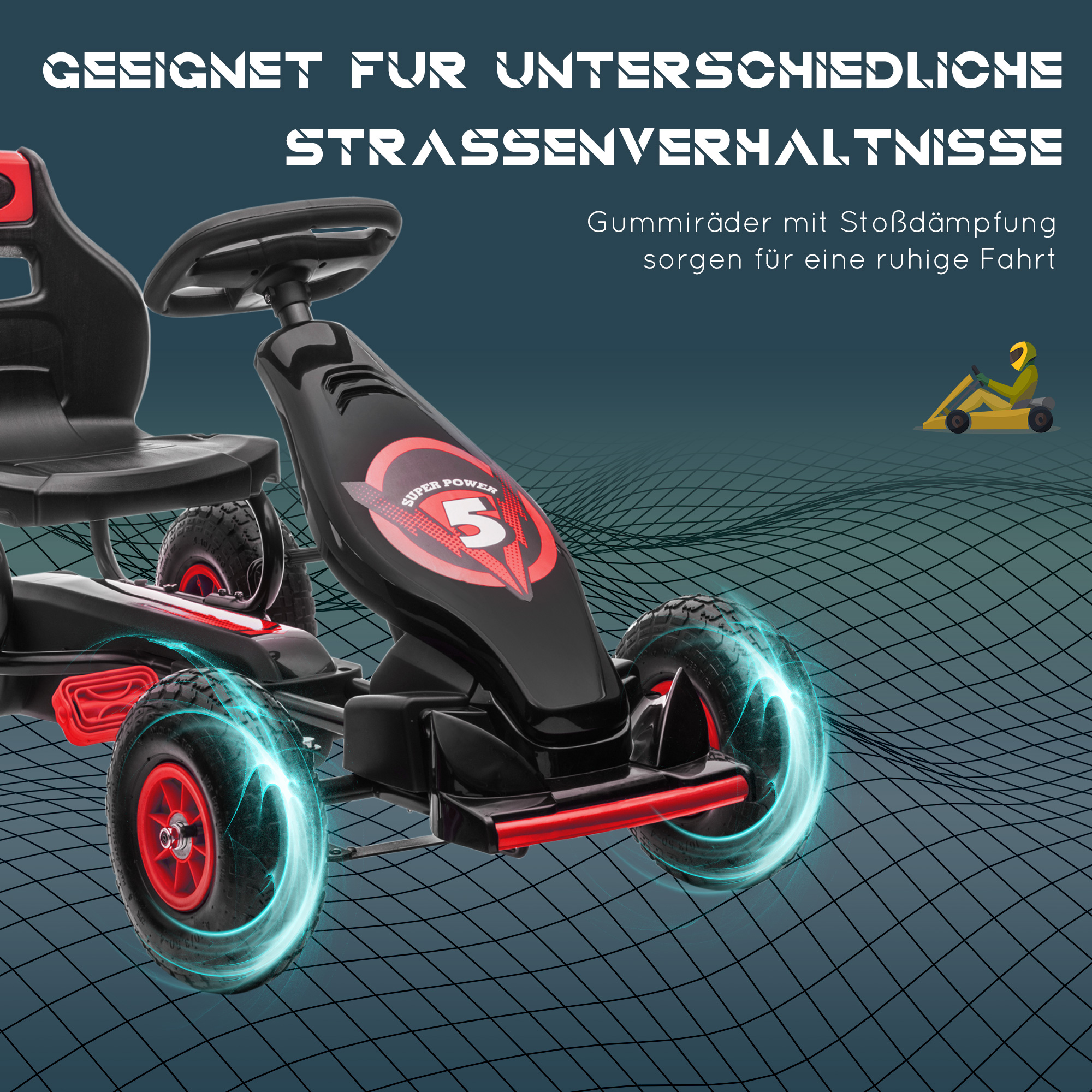 Kinder-Gokart, mit Pedalen, verstellbarem Sitz, In- und Outdoor, ab 5 Jahren, Rot+schwarz, 121 x 58 x 61 cm
