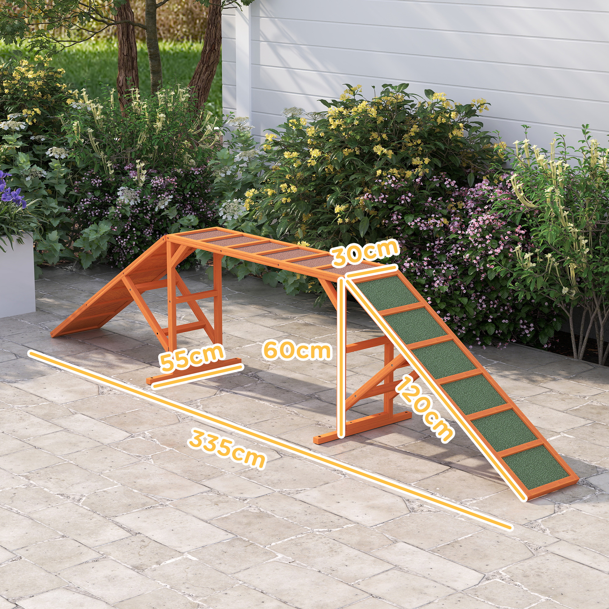Agility Hunderampe, Parcours, rutschfest, wetterfest, Holz, 335 x 55 x 60 cm, Orange