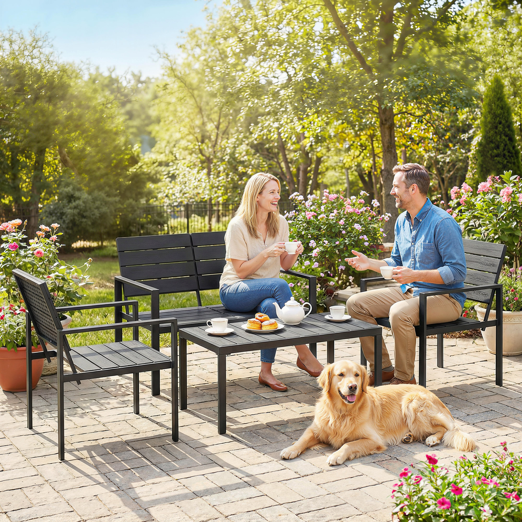 Gartenmöbel Set Sitzgruppe für 4 Personen Gartenlounge mit 2er Sofa 2 Sessel Beistelltisch Lamellendesign Schwarz