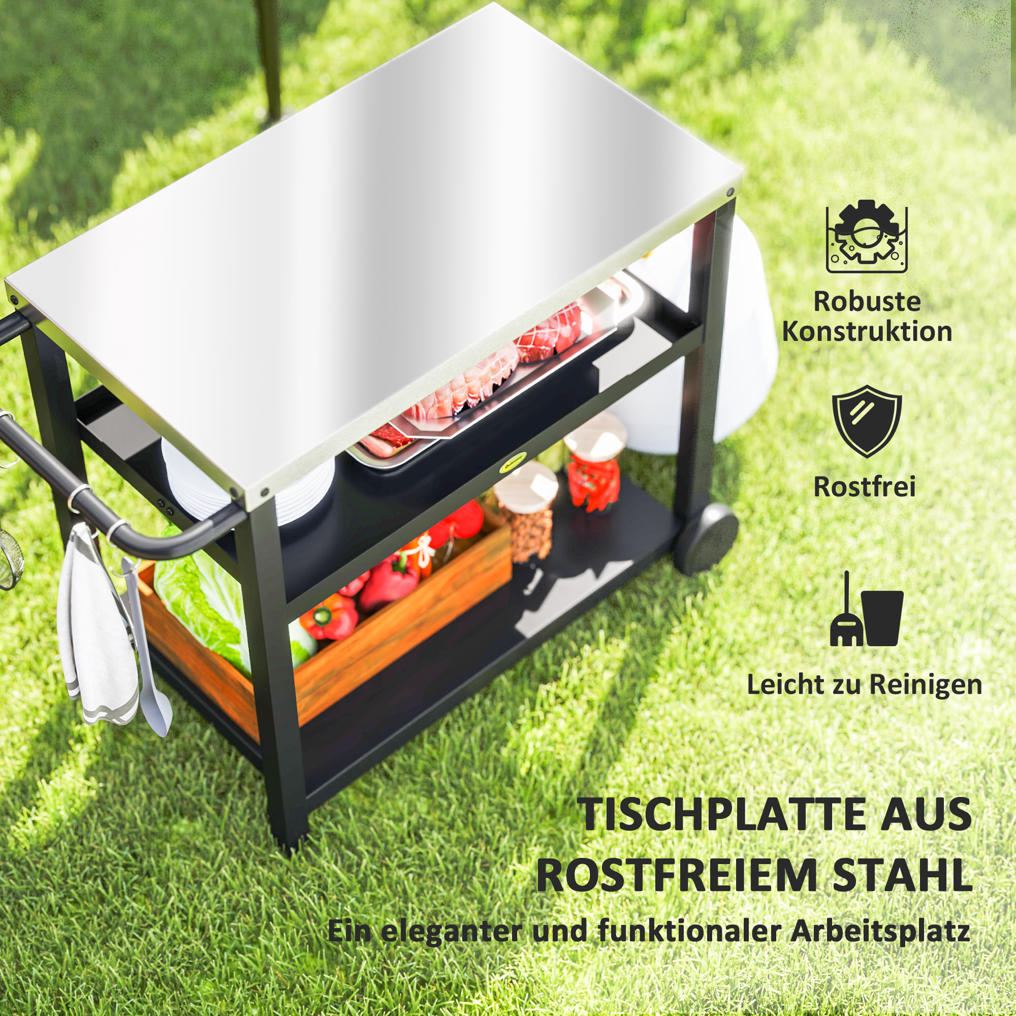 Grillwagen 3-Etagen Servierwagen mit Arbeitsfläche Ablagen Haken Räder, Edelstahl 102x50x81cm Kohlegrau