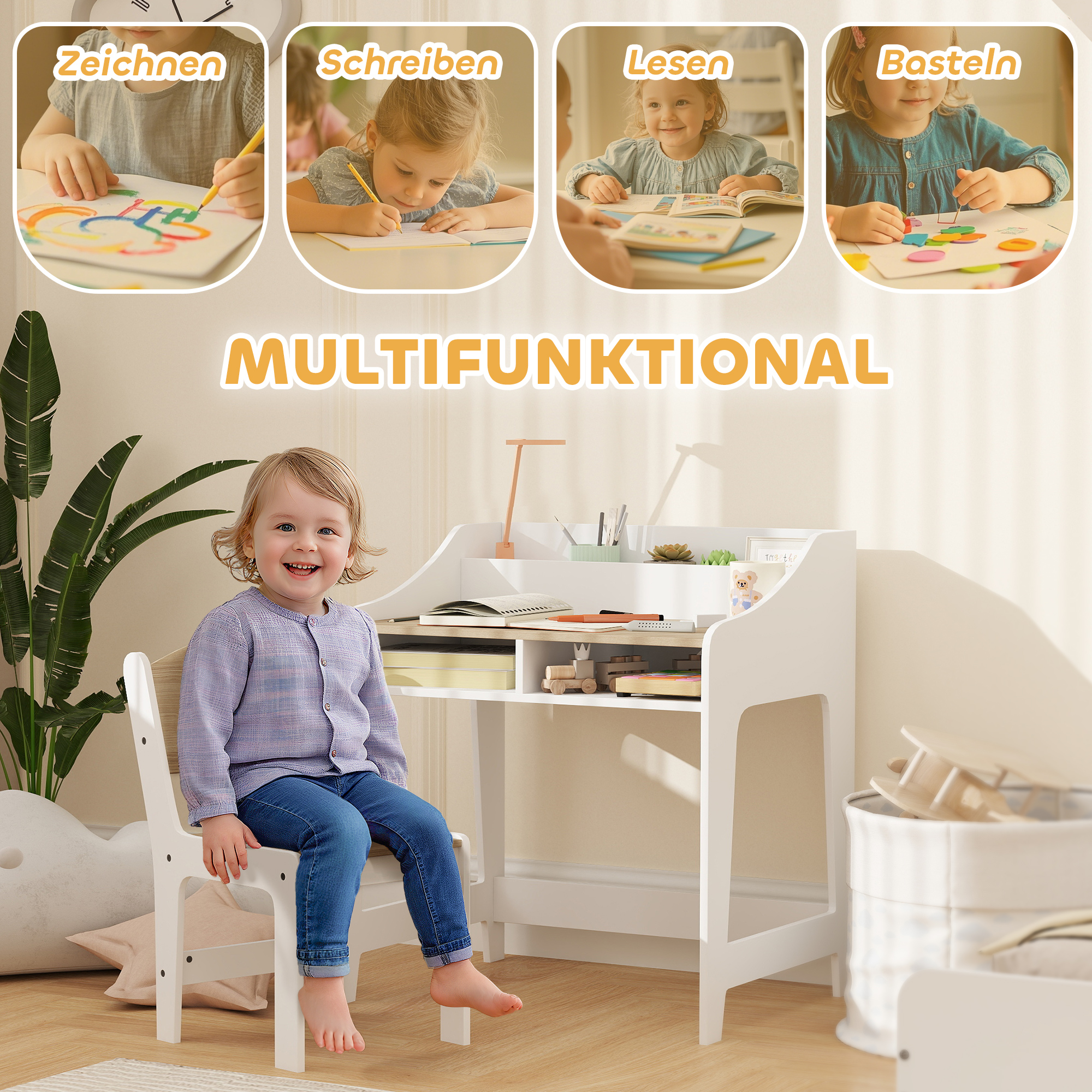 Kinder-Schreibtisch-Set mit Stauraum, offene Fächer, Stuhl, 3-8 Jahre, Holz