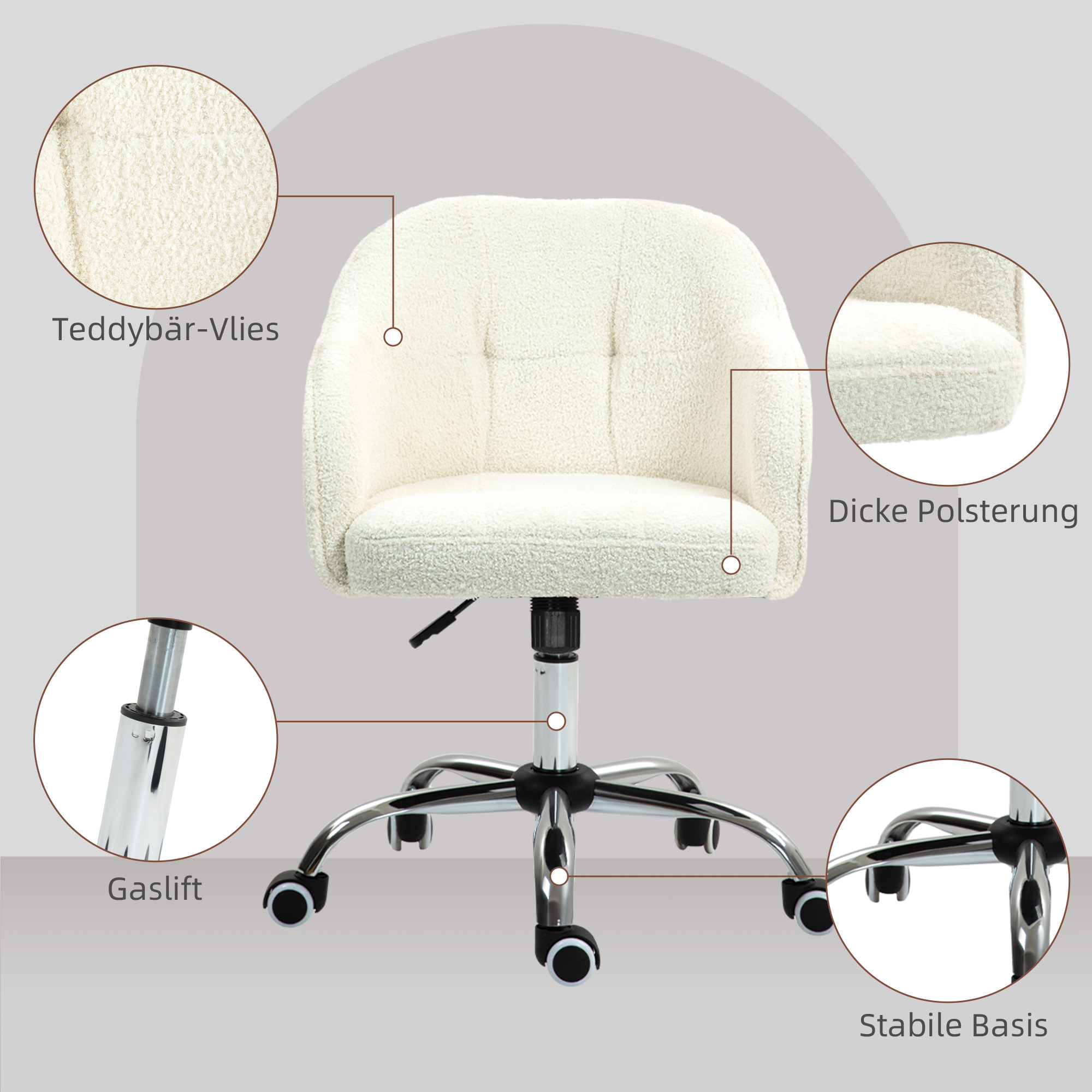 Homeoffice Stuhl, Ergonomisch Schreibtischstuhl mit Wippfunktion, Teddysamtoptik 56 x 61 x 86 cm Cremeweiß