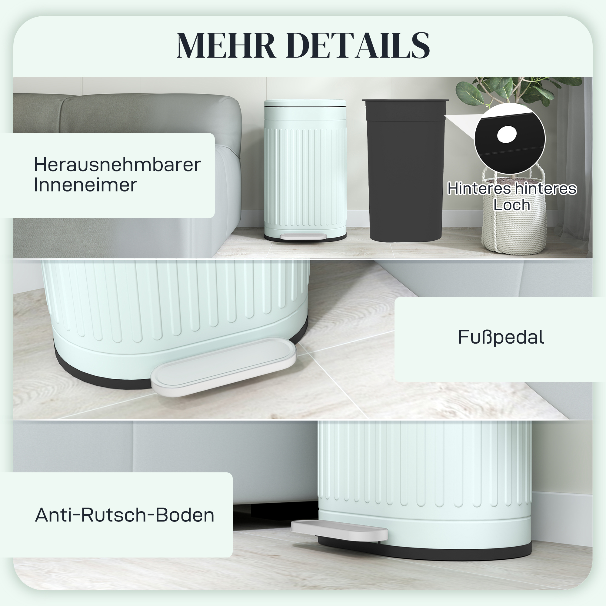 Mülleimer 30L Treteimer mit Deckel Fußpedal herausnehmbarem Inneneimer Soft-Close-Funktion 36,5 x 31,2 x 60,8 cm, Grün