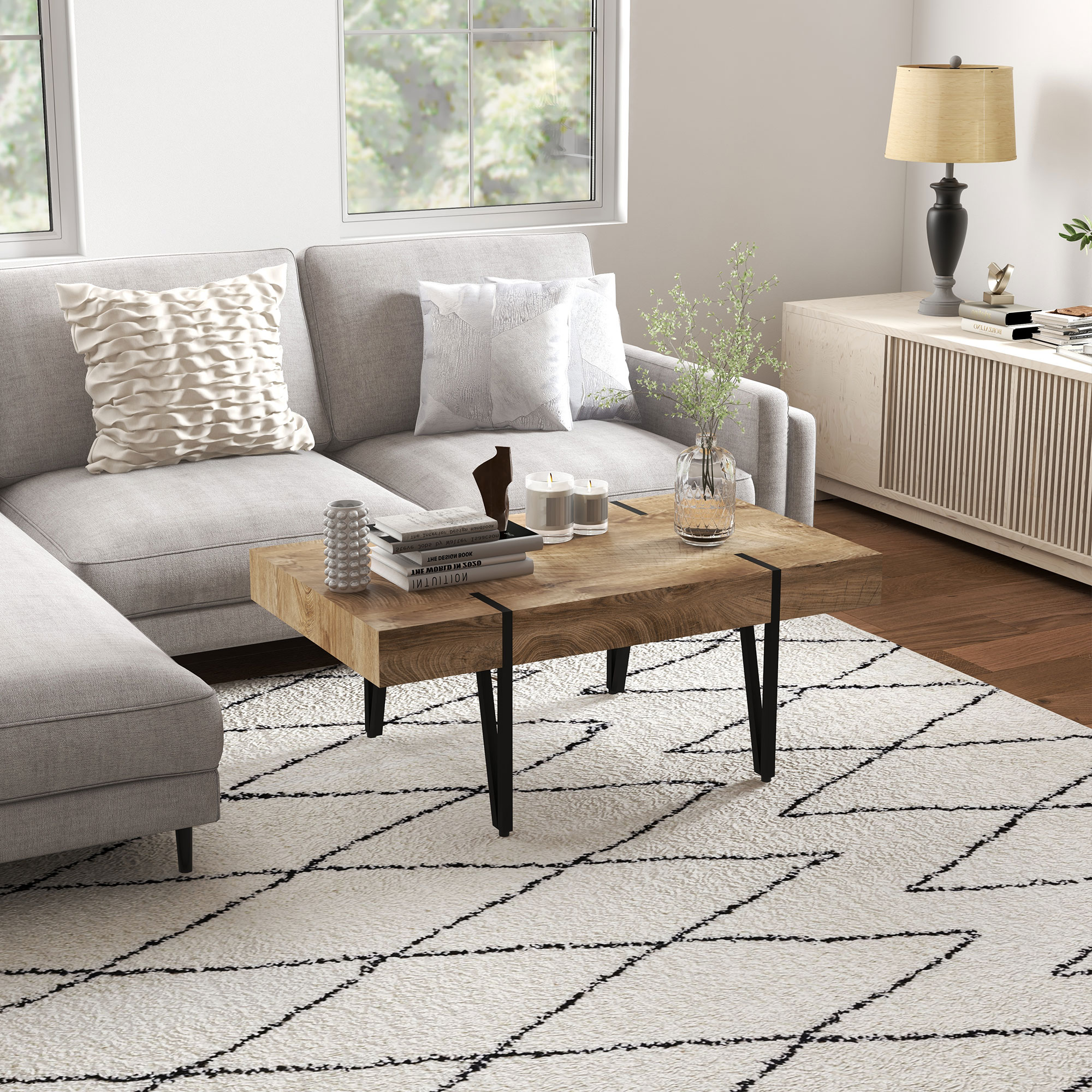 Couchtisch im Industriedesign 105 cm x 60 cm x 42 cm Schwarz + Braun