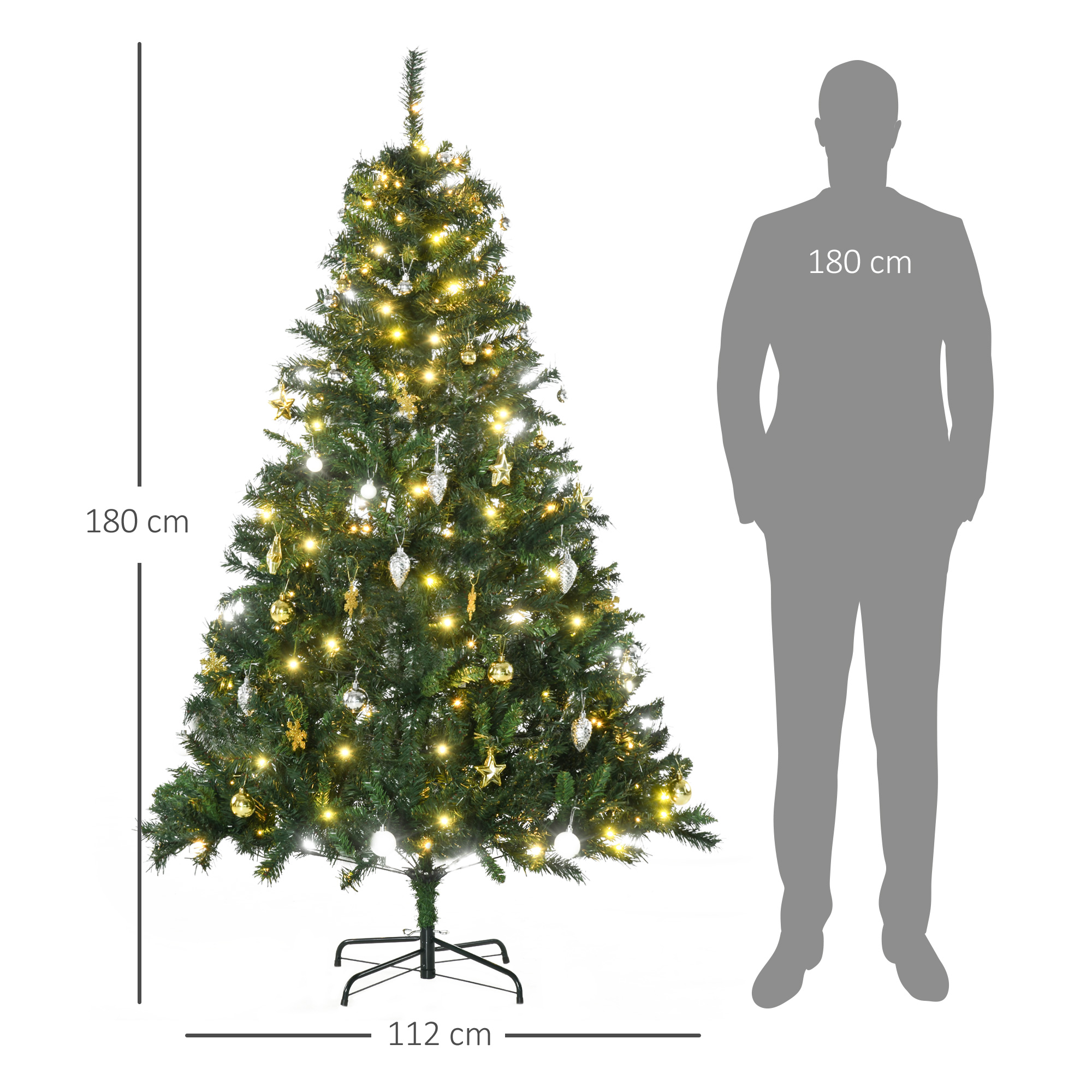 Weihnachtsbaum 180 cm künstlich Tannenbaum mit LED Beleuchtung, Kugeln, Christbaum mit 745 Spitzen, Weihnachtsdeko inkl, Metallständer für Drinnen