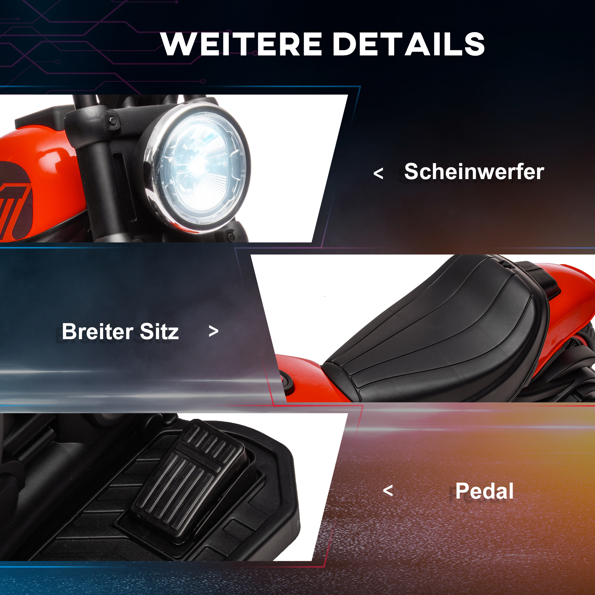 Elektro-Kindermotorrad mit Scheinwerfer, abnehmbare Stützräder, 76x42x57 cm, Rot/Schwarz