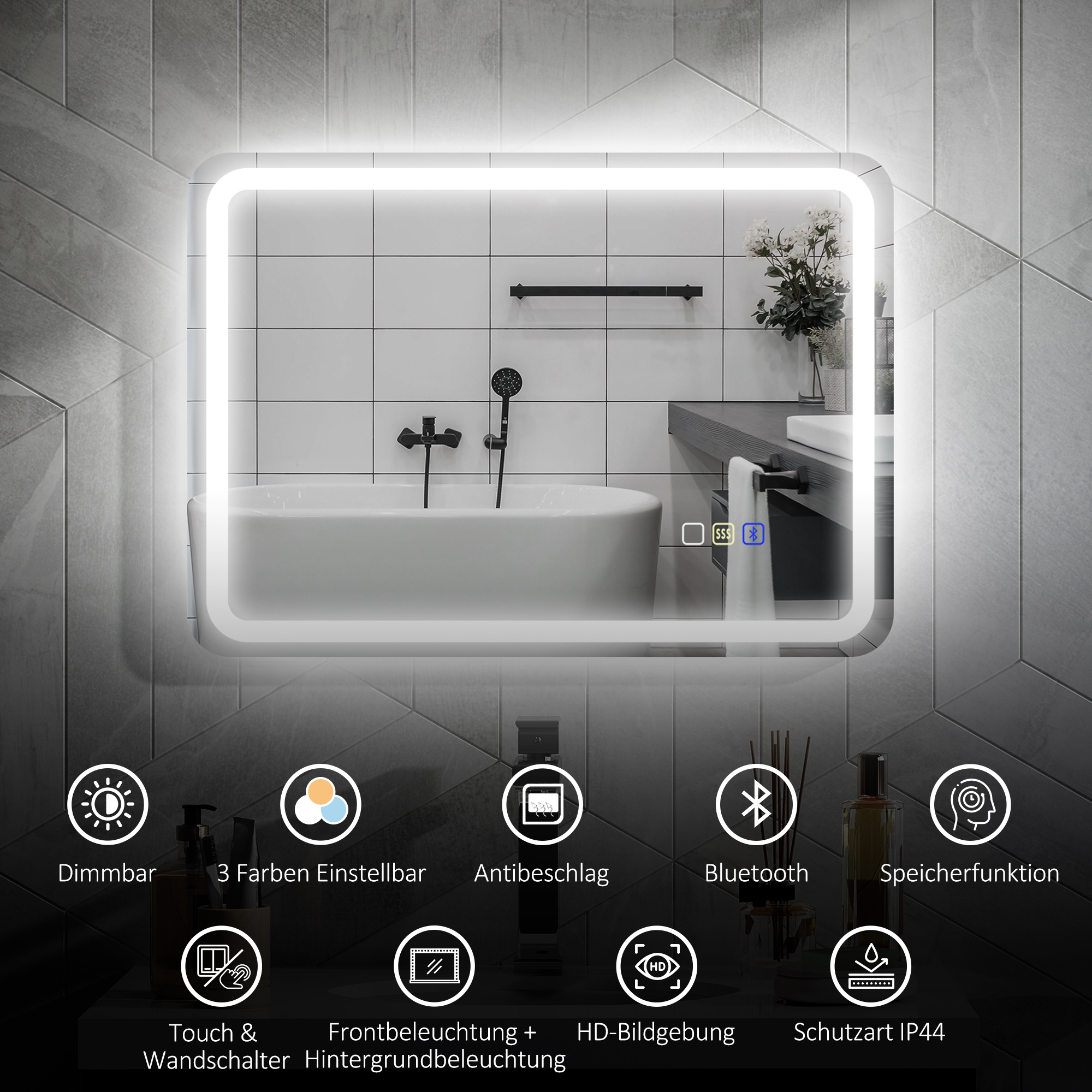 Badezimmerspiegel mit LED-Beleuchtung, Anti-Beschlags-Pad, 3 verstellbare Farben, Silberfarben