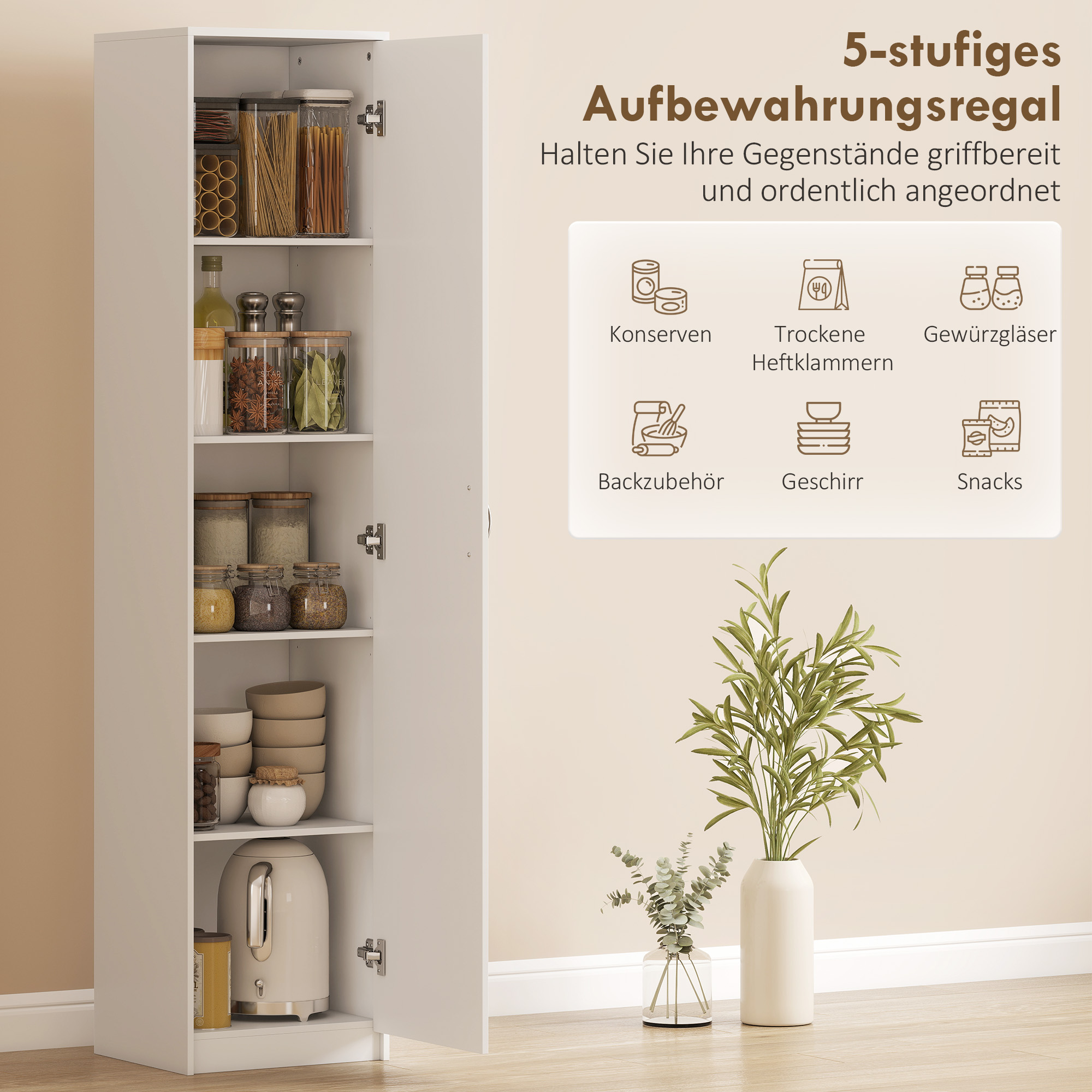 Küchenschrank, 5-Ebenen-Aufbewahrungsschrank, verstellbare Regale, für Wohnzimmer, Küche, Vorratskammer, Holz, Weiß