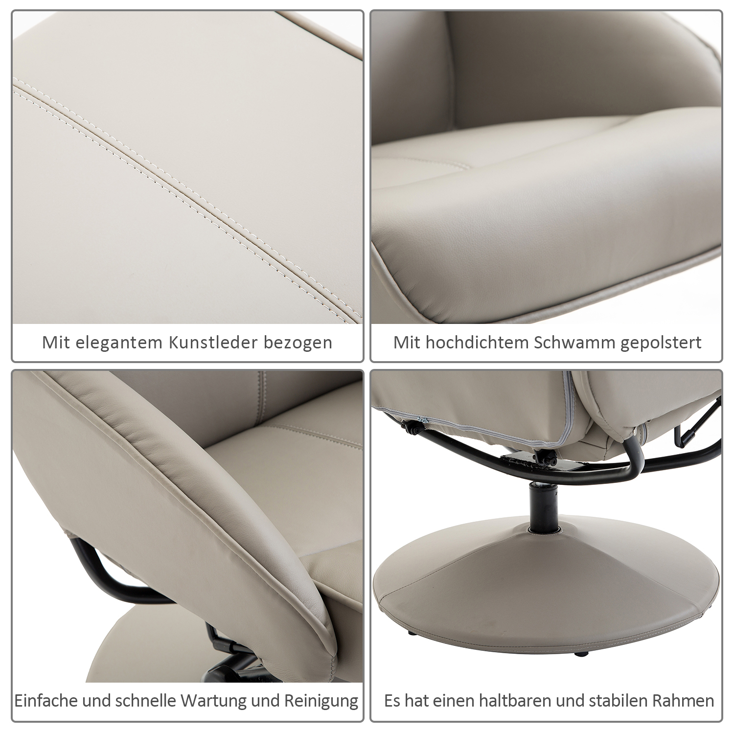 Relaxsessel mit Hocker, 360°drehbarer Fernsehsessel mit Liegefunktion, TV Sessel, Kunstleder, Lesesessel für Wohnzimmer, Schlafzimmer, Grau