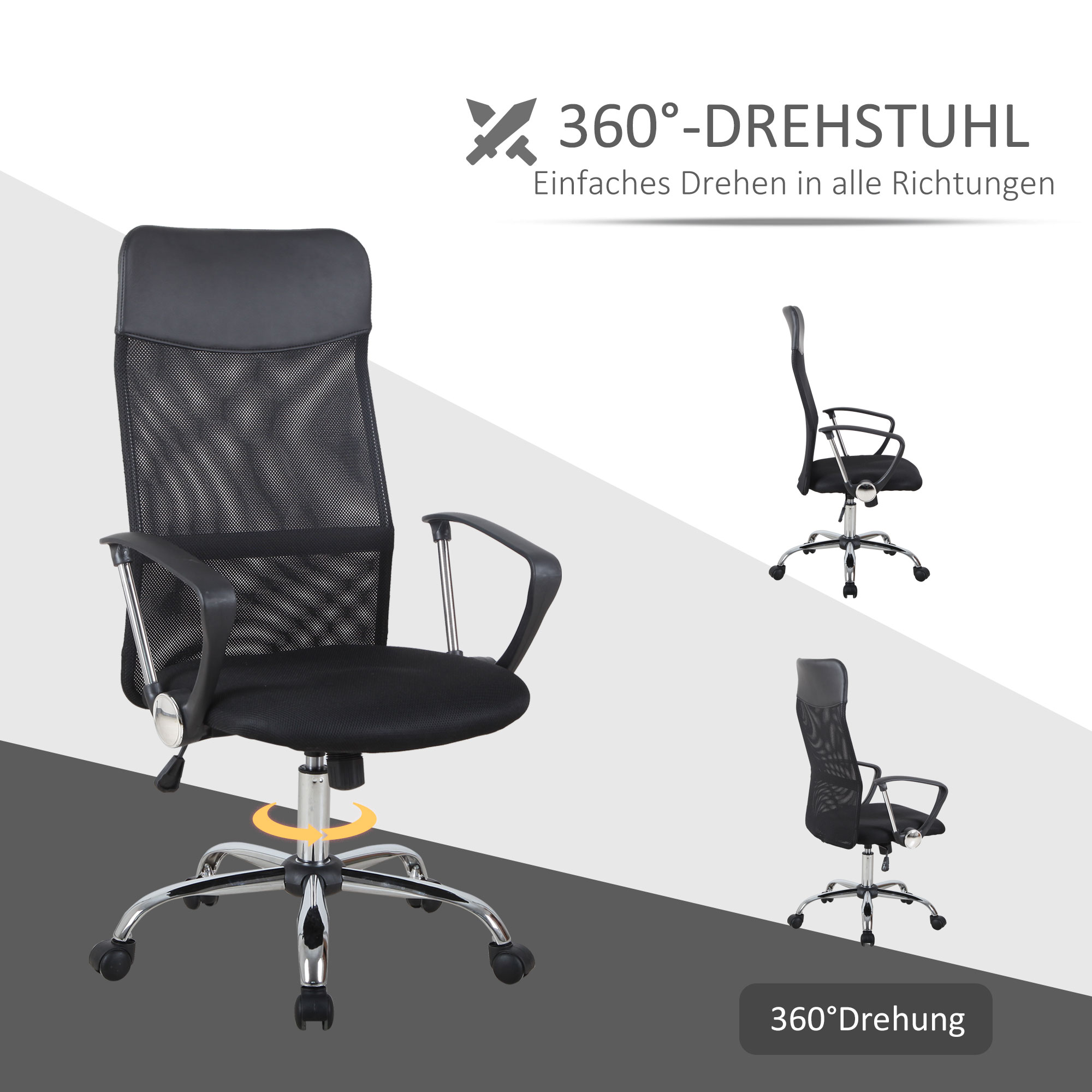 Ergonomischer Bürostuhl, Gaming Stuhl, Drehstuhl mit Wippenfunktion, höhenverstellbarer Schreibtischstuhl, Schaumstoff, Netz, Schwarz,  63 x 65 x 109-119 cm