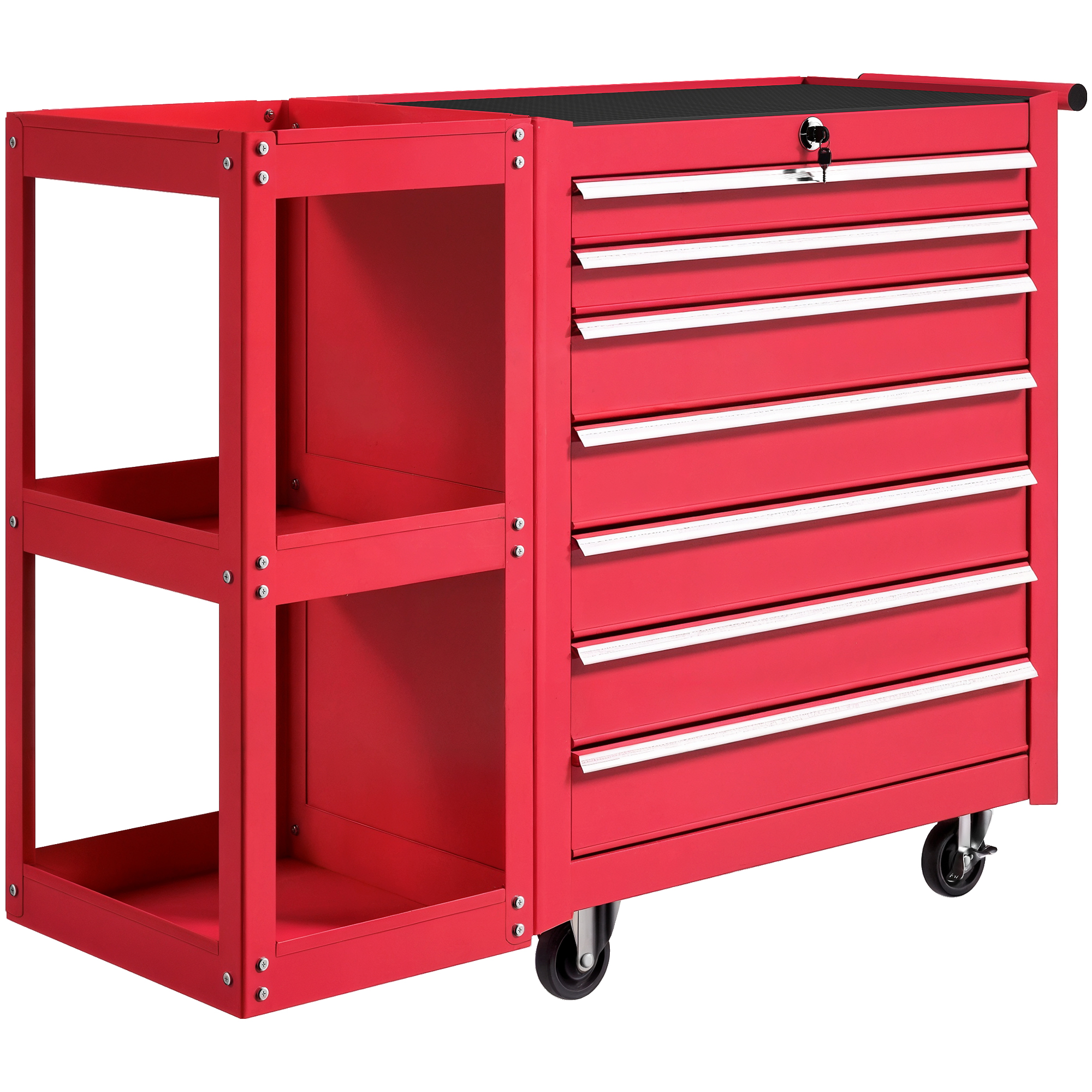 Werkstattwagen Werkzeugwagen mit 7 Schubladen abnehmbar Seitenregal 4 Rollen mit Feststellbremse, 96x33,5x75cm, Rot