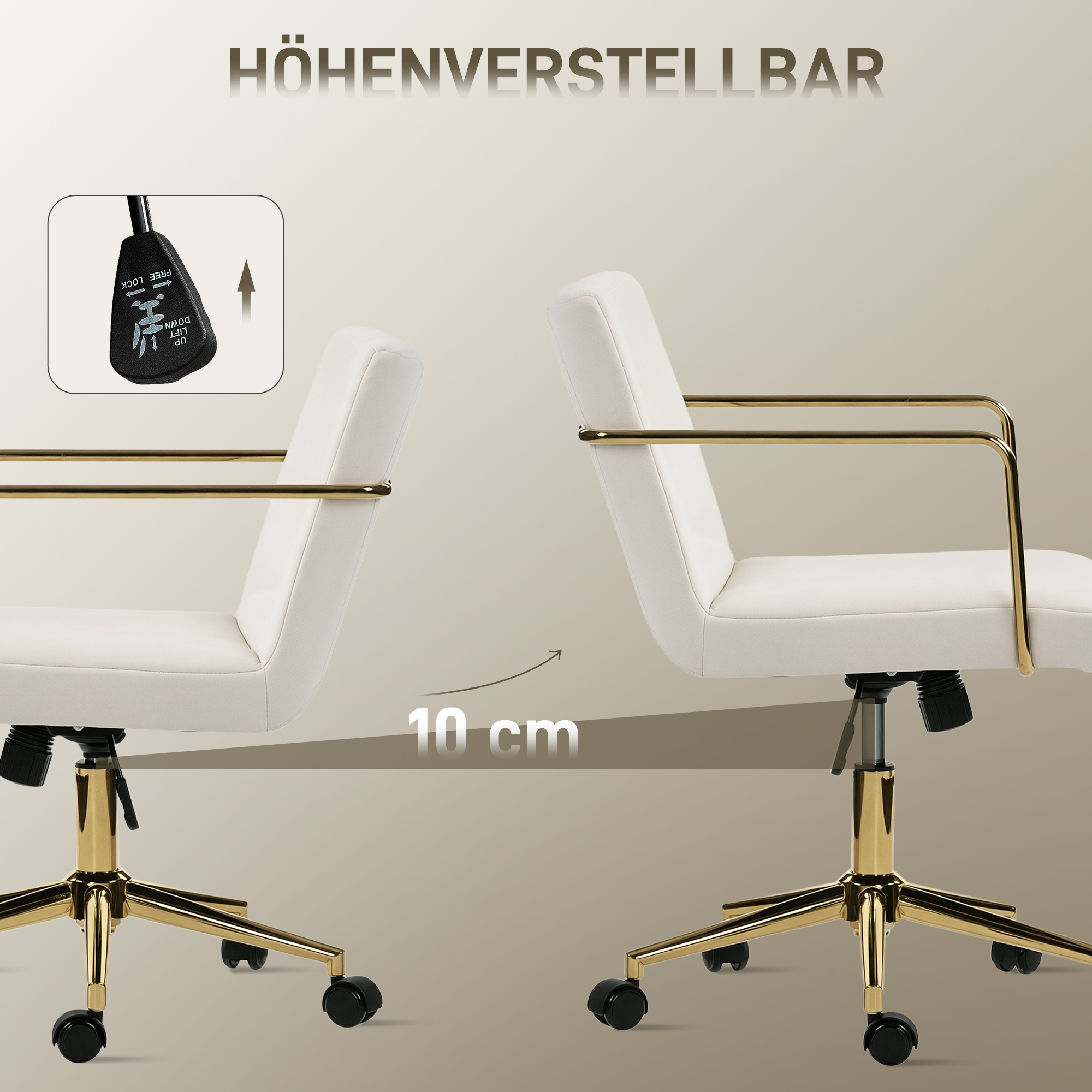 Rollbarer Bürostuhl mit Gold-Akzenten, Computerstuhl mit Metallbasis, Stoffbezug in Samtoptik, Cremeweiß