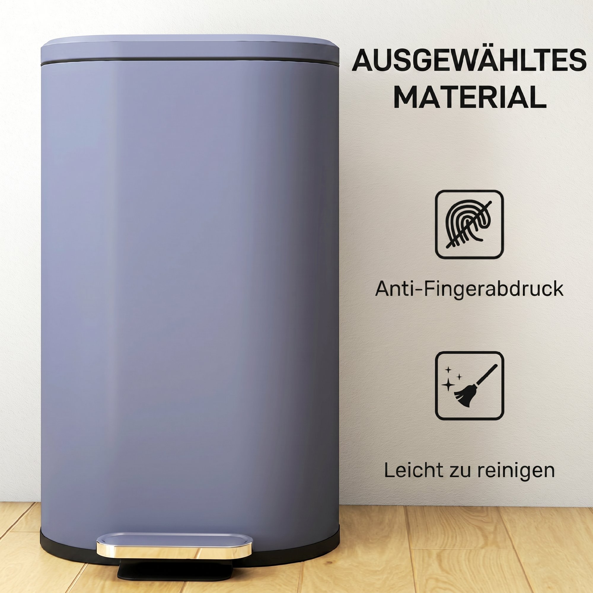 Mülleimer Küche 30 Liter Treteimer mit Soft-Close-Deckel, Pedal aus Metall, Grau, 36,5 X 31 x 61 cm