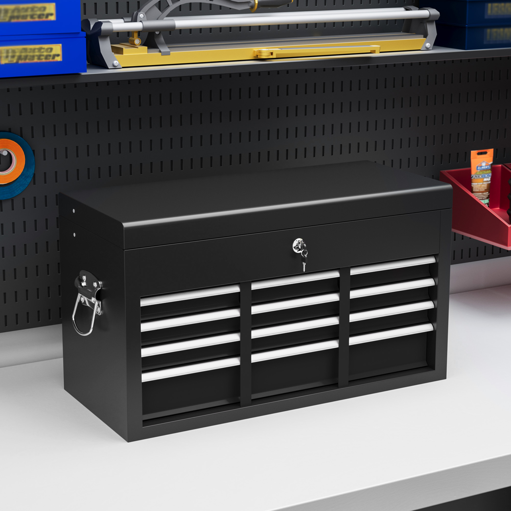 Werkzeugkiste, abschließbar, 3 Schubladen, Stahlgehäuse, 60x26x34cm, Schwarz