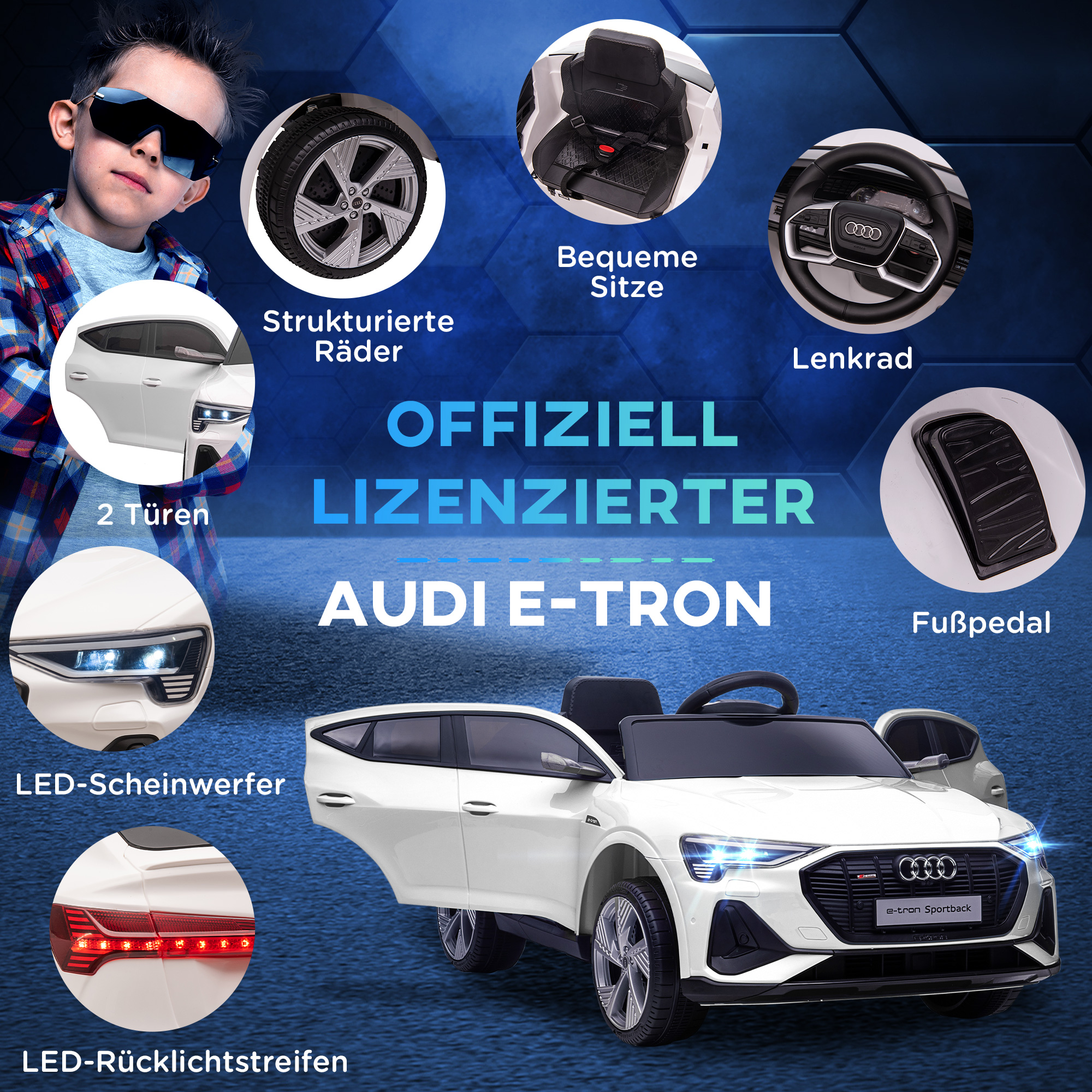 Kinderfahrzeug Audi E-tron Elektroauto mit Fernbedienung, Sicherheitsgurt, Musik (MP3/USB/TF), Kinderfahrzeug für Kinder 3-5 Jahre, 3-5 km/h, Weiß