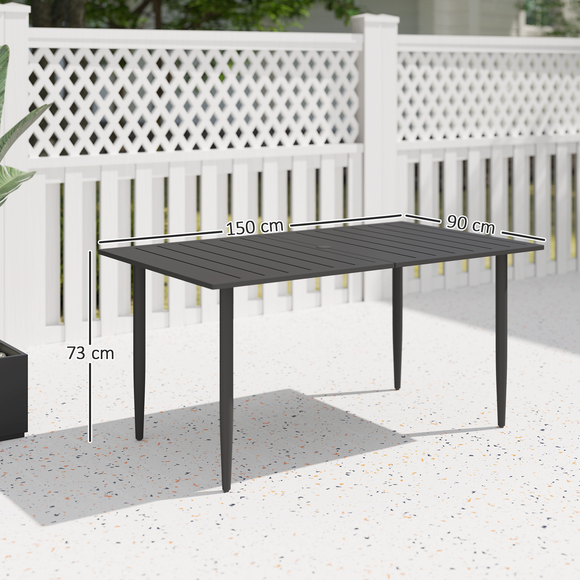 Gartentisch 150x90cm, Wetterfest Balkontisch aus Stahl, Balkontisch mit Schirmloch Schwarz