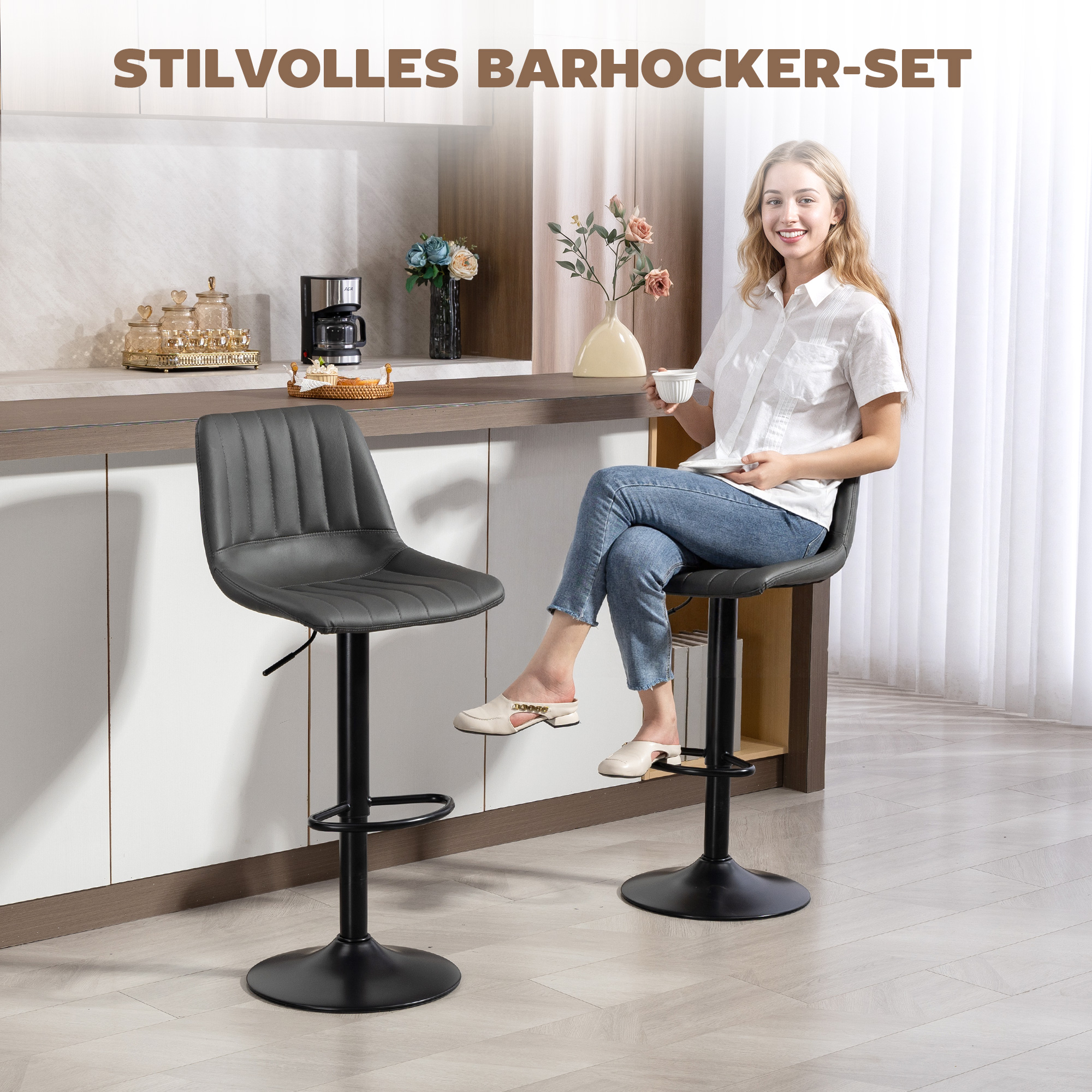 Barhocker 2er-Set im Retrodesign, mit Fußstütze, höhenverstellbar, 43 cm x49,5 cm x 111 cm