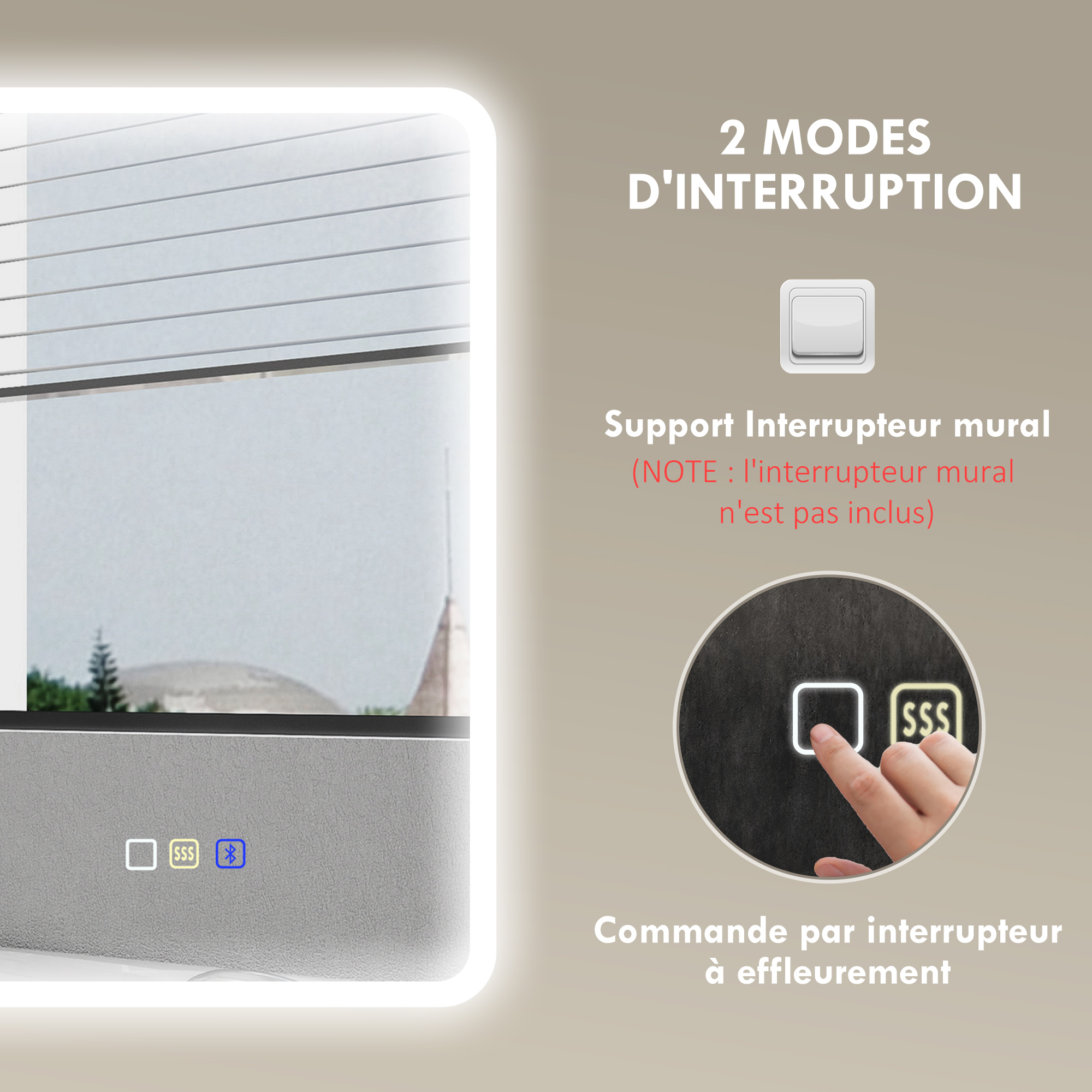 Badezimmerspiegel LED Bluetooth 70 x 90 cm Touchschalter Licht einstellbar 3 Farben Anti-Beschlag Speicher Silber