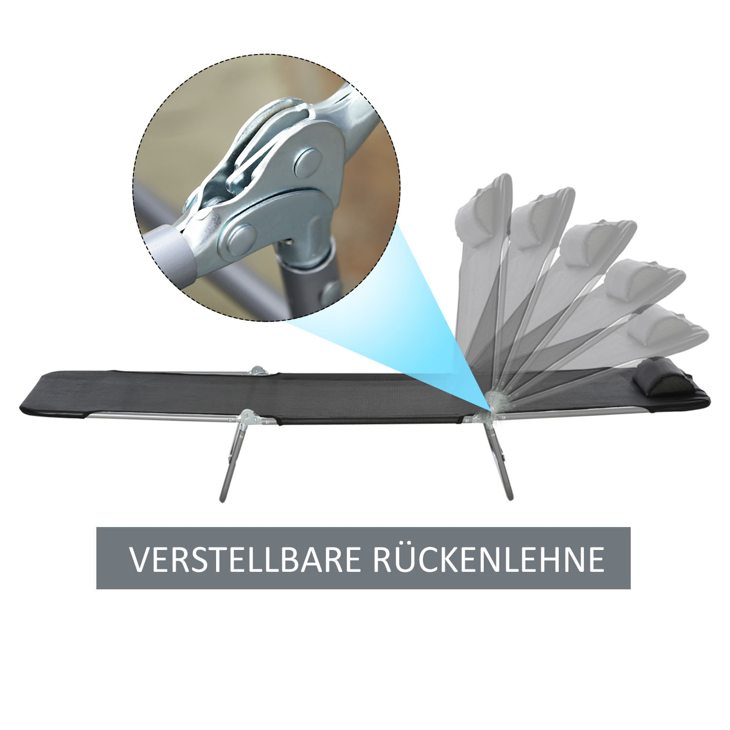 Sonnenliege klappbar Gartenliege mit Kopfkissen Liegestuhl verstellbar mit 5-Fach Campingliege bis 120kg belastbar für Garten, Balkon und Pool geeignet, 4 Farben(Schwarz)