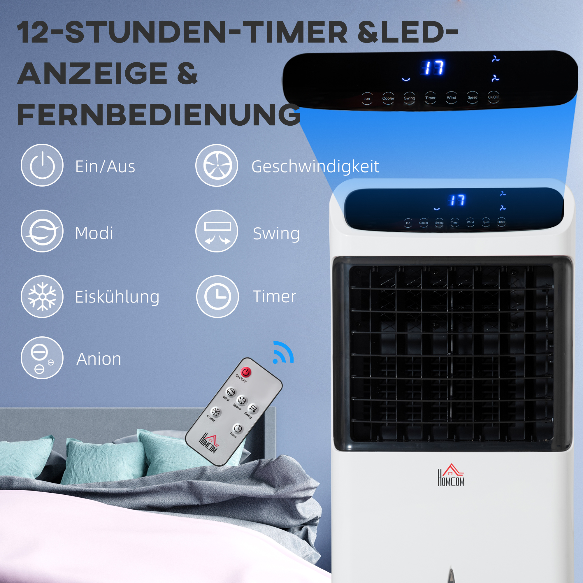 Klimaanlage mit Wasserkühlung Fernbedienung 3 Modi, 3 Geschwindigkeiten, 12 Std-Timer, LED-Anzeige, 38x35x81 cm Weiß