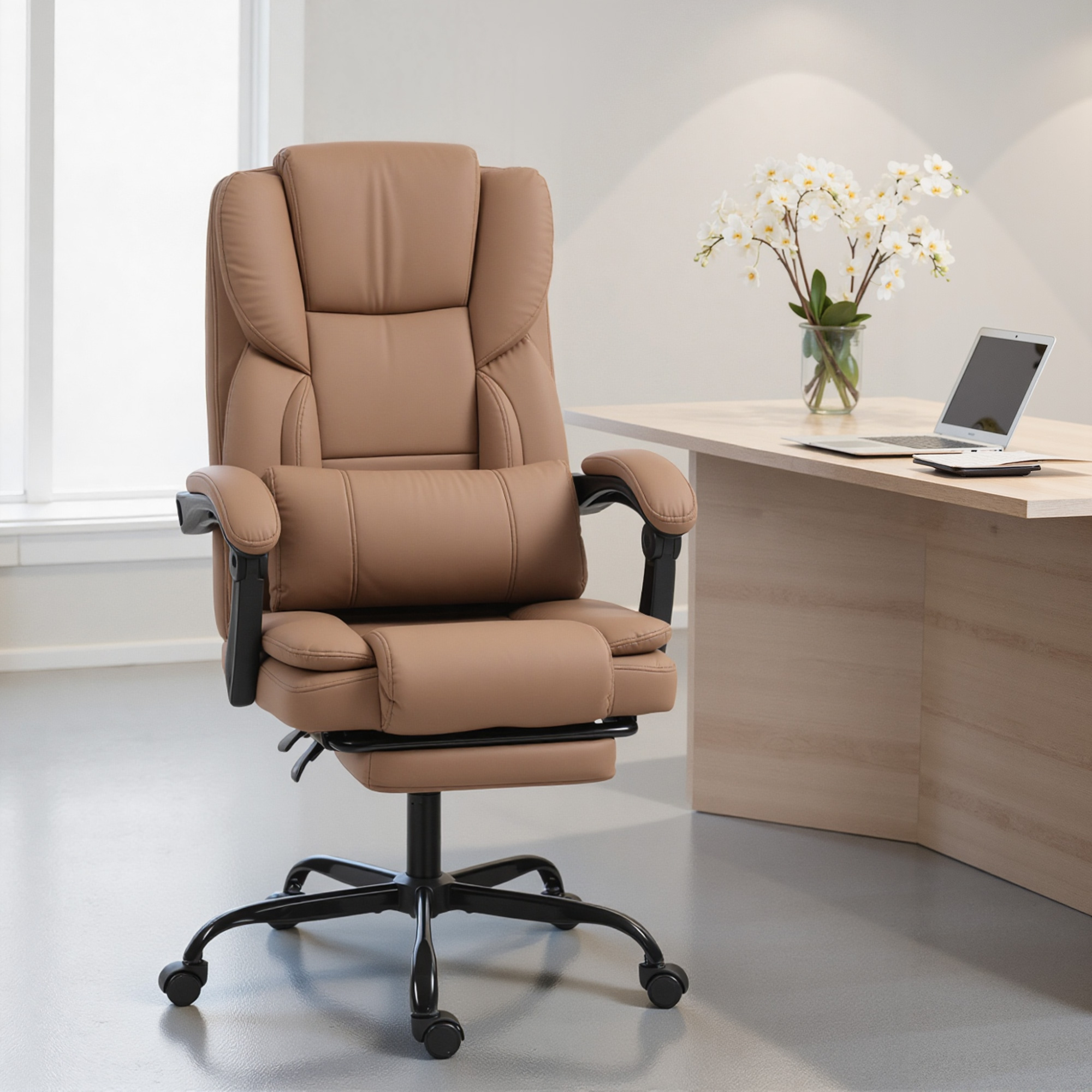 Bürostuhl mit Katzenpfotenleder-Bezug, Fußstütze, höhenverstellbar, rollbar, Braun