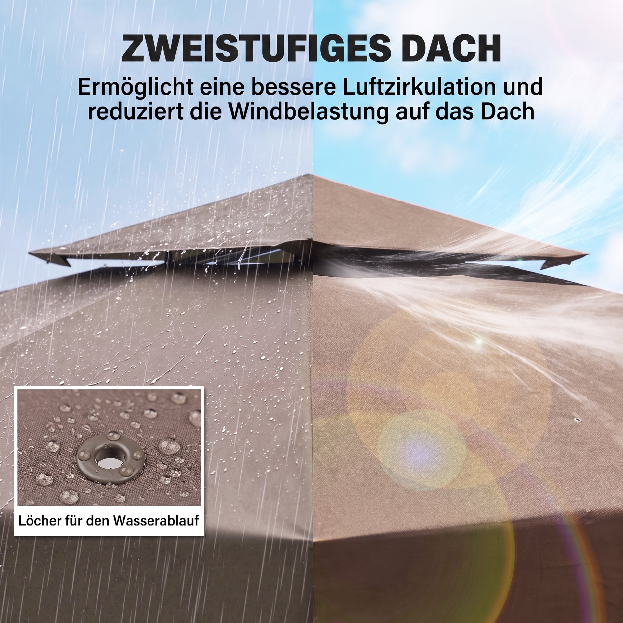Ersatzdach für Pavillons, mit Winddach, Wasserabführung, robust und langlebig, Farbe: Kaffee, 3 x 3 m