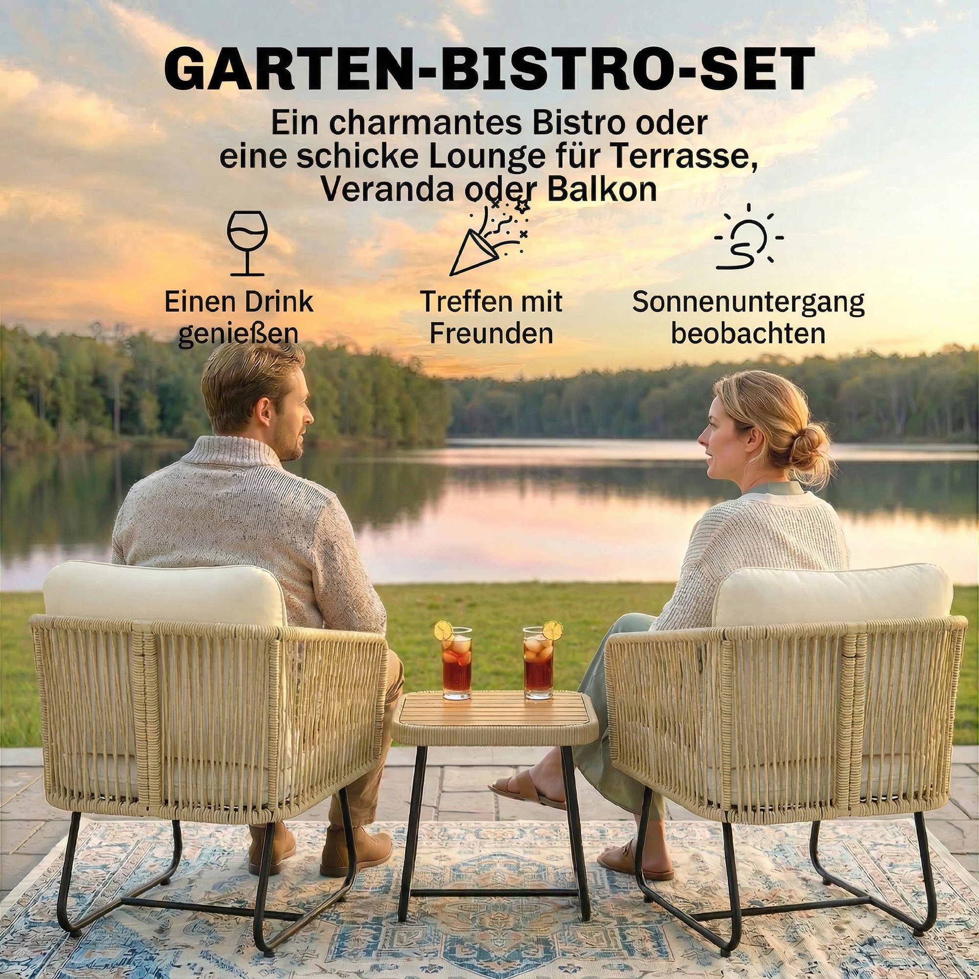 Rattan Bistroset 3 teiliges FSC Gartenmöbel-Set mit 2 Sessel, Lamell-Holztisch, dicke waschbare Kissen Stahlrahmen