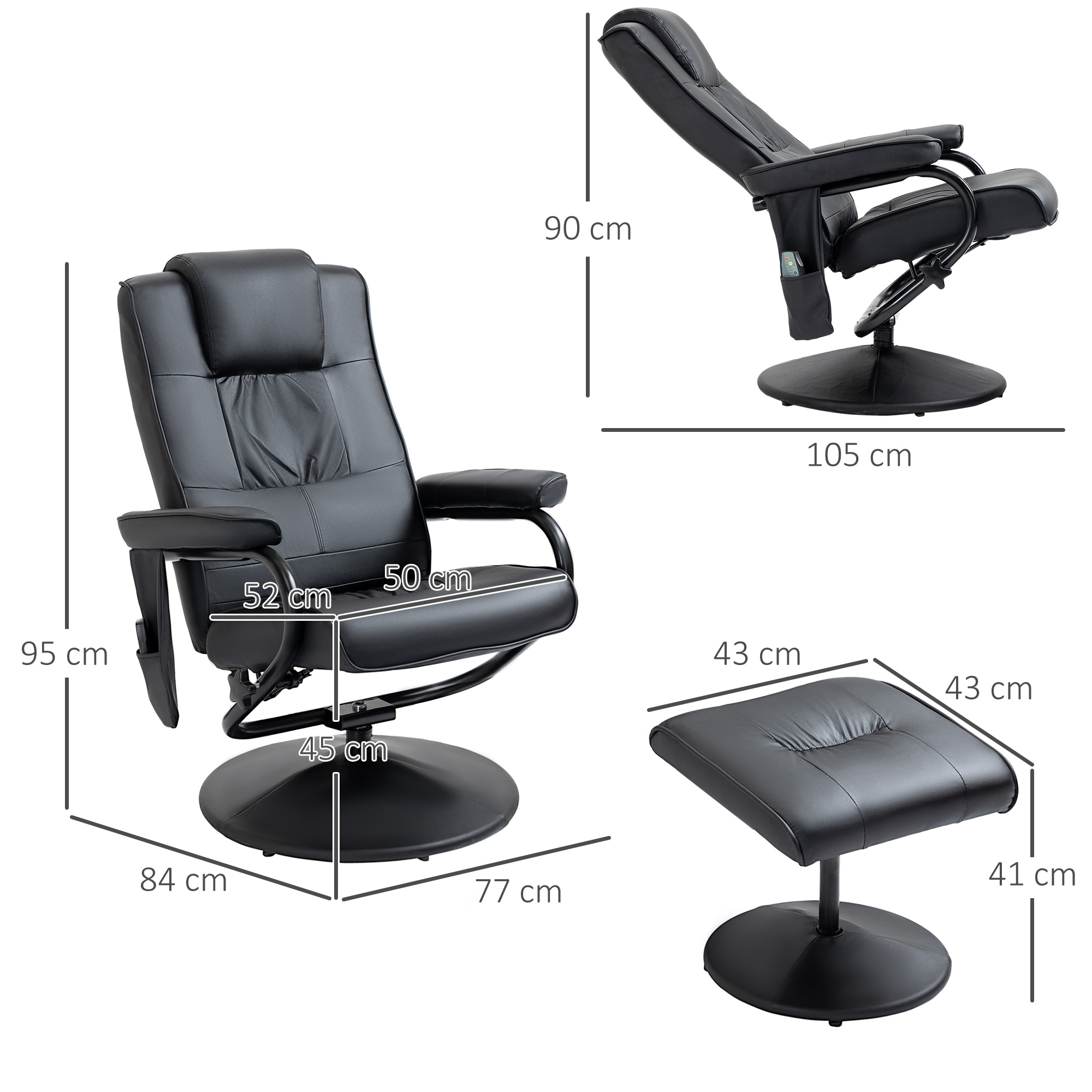 Massagesessel mit Hocker, Drehbares Relaxsessel mit Massagefunktion, Fernsehsessel mit Liegefunktion, Fernbedienung für Wohnzimmer, Kunstleder, Schwarz