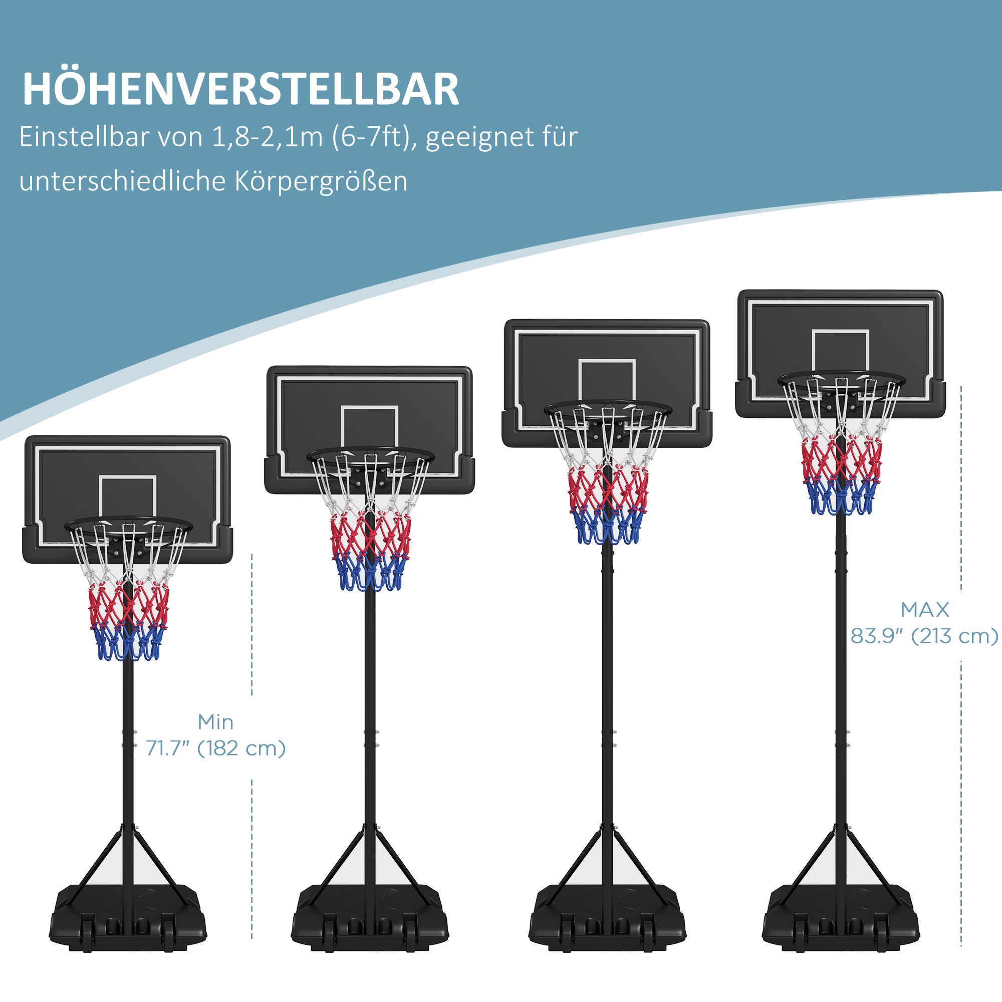 Basketballständer, höhenverstellbar, mobil, befüllbar, bruchsichere Rückwand, Korbhöhe 1,82 - 2,13 m, Schwarz