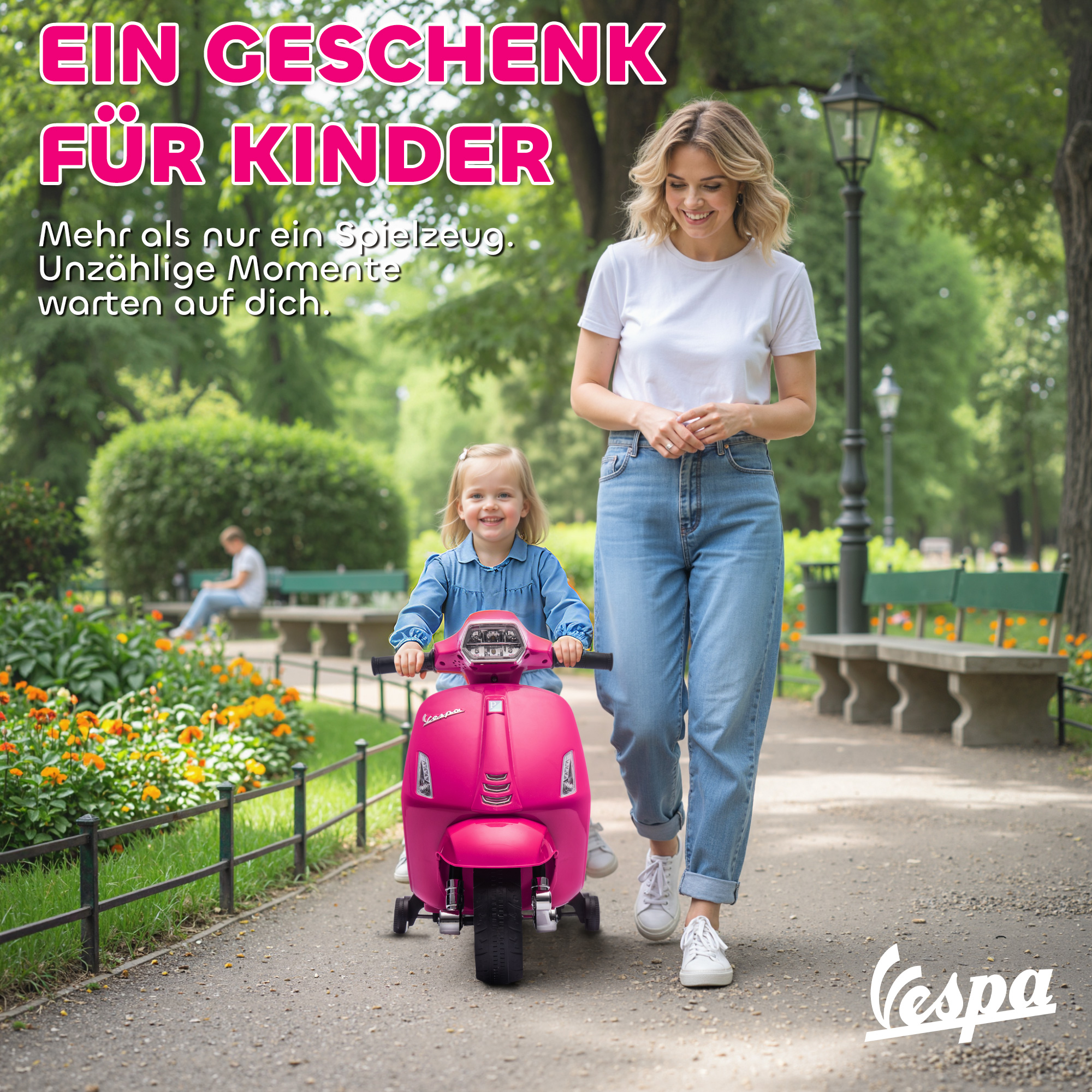 Elektro Motorrad Kinder Vespa 6V Elektromotorrad mit Stützrädern, Scheinwerfer, Hupe für 2-4 Jahre 71 x 37 x 52 cm Rosa
