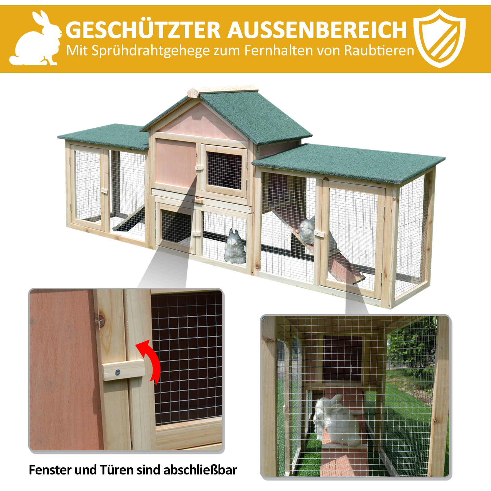 Kleintierstall mit 2 Freiluftgehegen Tannenholz Grau + Schwarz