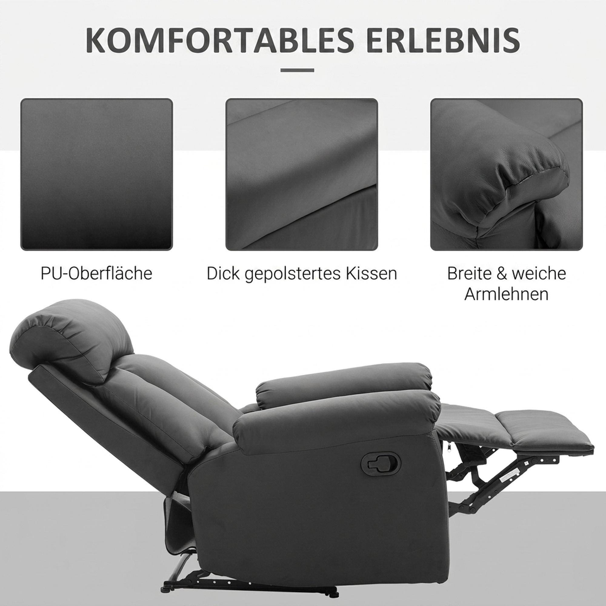 Relaxsessel Fernsehsessel mit Liegefunktion, Manuell Verstellbar Ruhesessel aus Kunstleder für Wohnzimmer, Schwarz