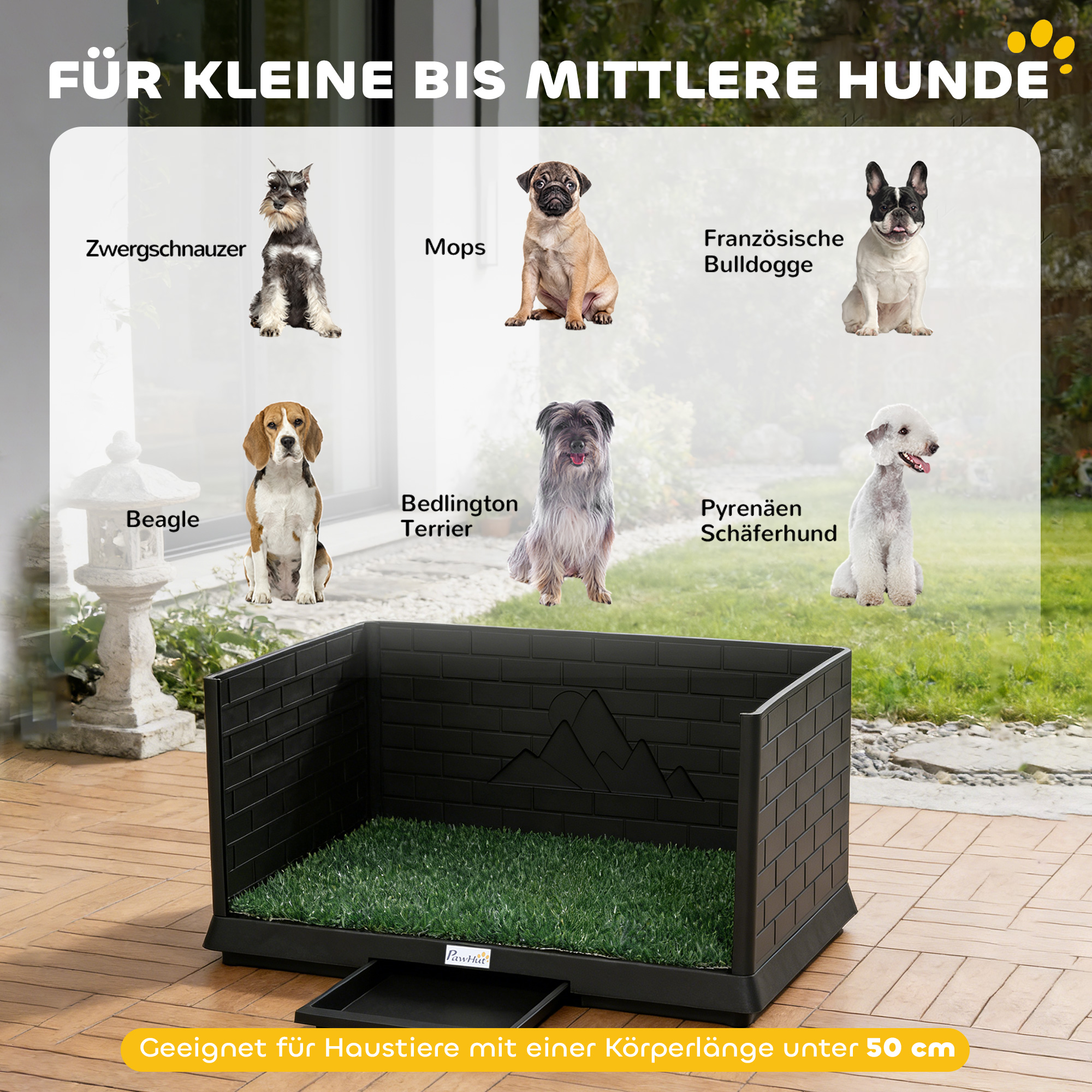 Hundetoilette 75 x 51 cm Hundeklo mit Kunstrasen Welpentoilette mit hohen Wänden herausziehbarer Schale Drainage Schwarz
