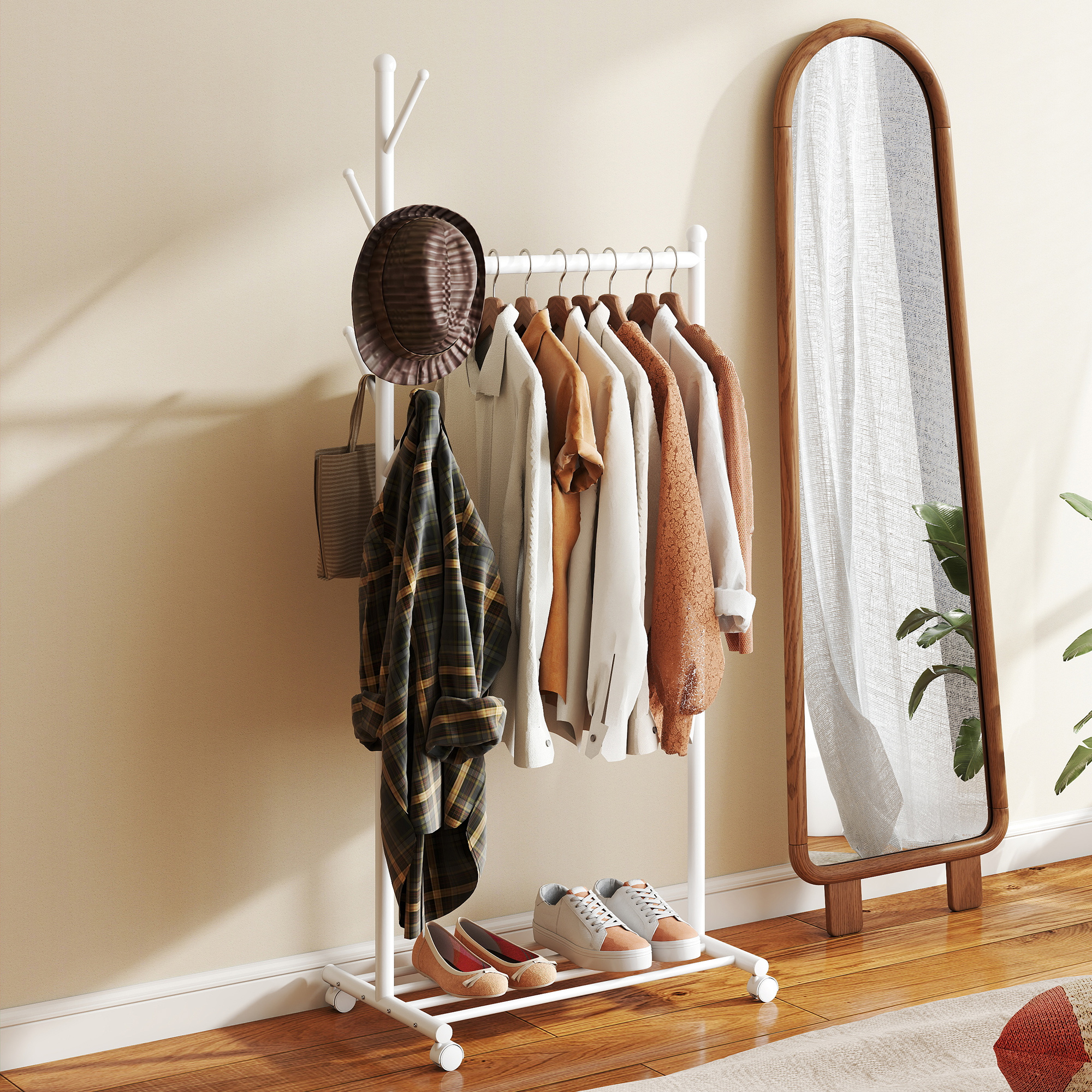 Kleiderständer mit Rolle, mobiler Garderobenständer mit Kleiderstange, 5 Haken, Schuhregal Weiß
