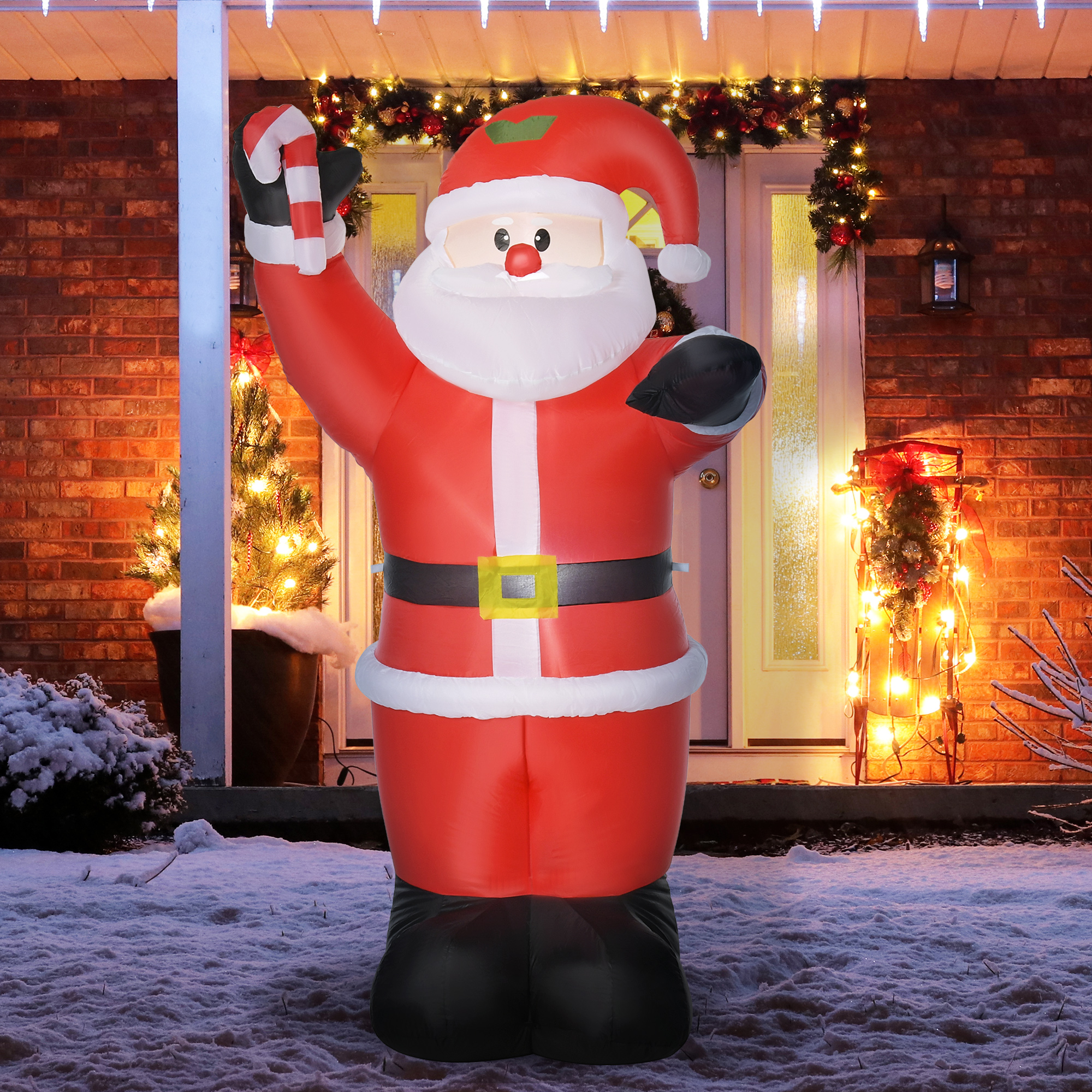 Aufblasbar Weihnachtsdeko, 2,4 m Weihnachtsmann mit LED-Beleuchtung, Zuckerstange